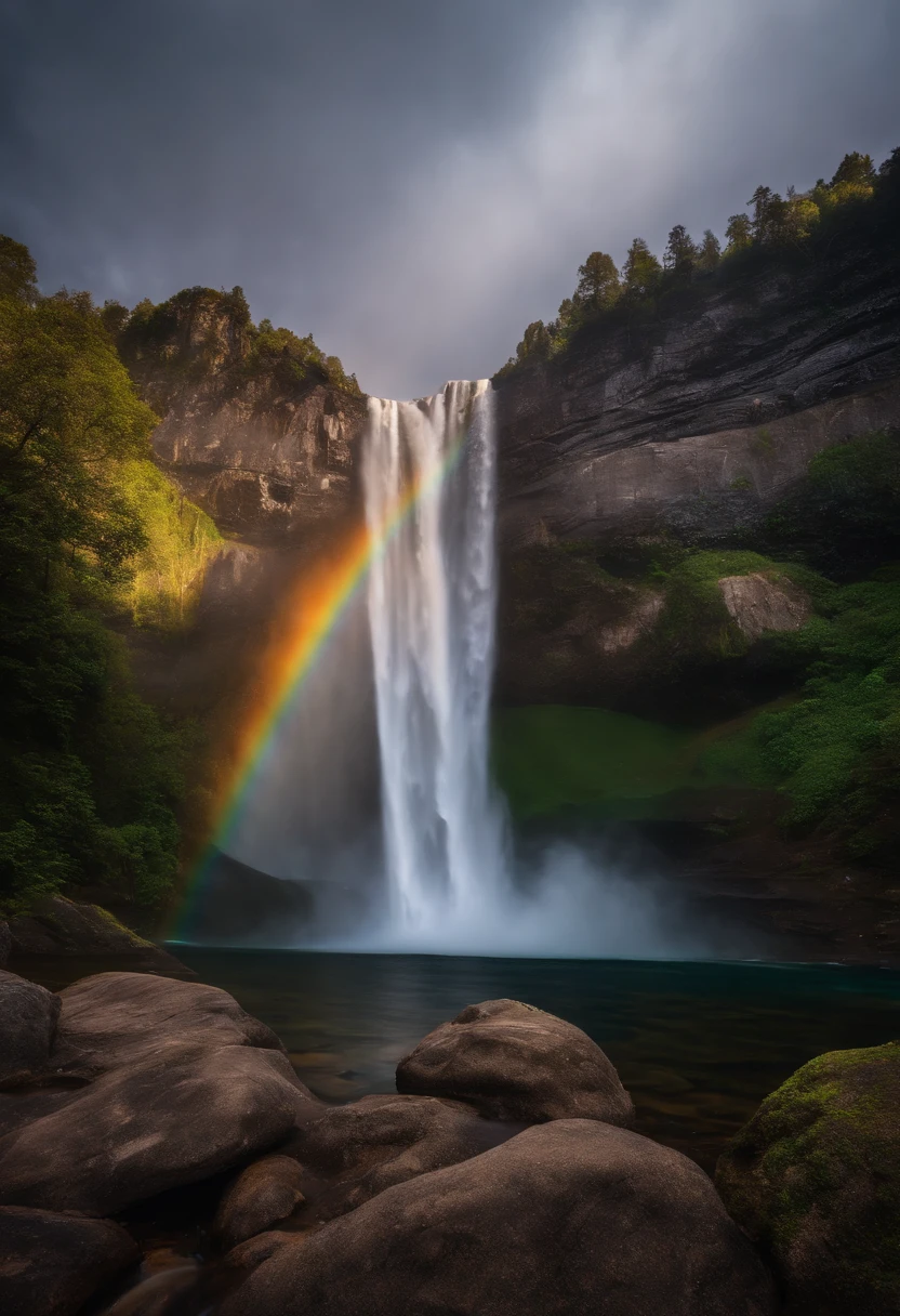 Photo of a waterfall with a rainbow flow in the middle, Rainbow River Falls, Cascading iridescent waterfalls, Bioluminescent waterfall, Nebula Falls, Shimmering iridescent water, Shining water, ethereal rainbows, magical colors and atmosphere, Galaxy Falls, magical colors and atmosphere, Alien Falls, Rainbow Pool, Beautiful spectrum of vibrancy