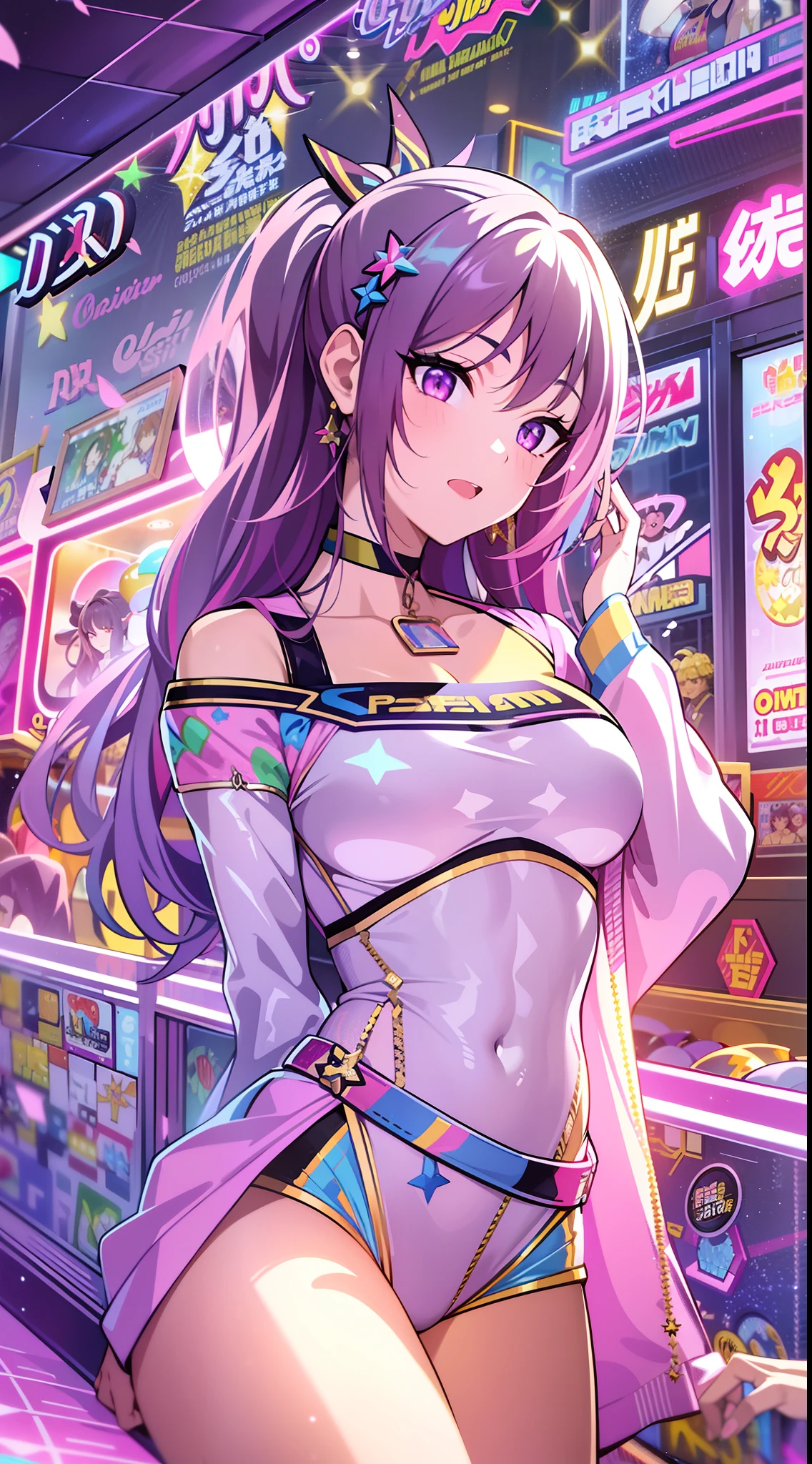 Masterpiece)), best quality, absurderes, ultra detailed, holographic, cowboy shot, golden ratio, super cute girl, mature girl, idol girl, super beautiful asian girl with very beautiful violet glowing eyes, beautiful glowing brown multicolored hair, high ponytail, nice and sexy body, slim body, perfect body, wearing a super tight anime printed leotard, an anime printed super tight off shoulder long sleeve crop top, a super aesthetic transparent mini jacket, beautiful hair ornament, pink jordan tennis, playing with her handsome otaku skinny boyfriend, with black messy glowing hair, in the arcade games