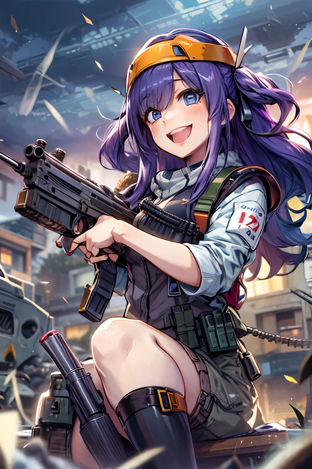 (tmasterpiece), (top-quality), realisticlying, ciinematic light, ((Hinata smiling with a machine gun)),  Posing with sexual overtones, Battlefield Background, the perfect body, Ahegao、