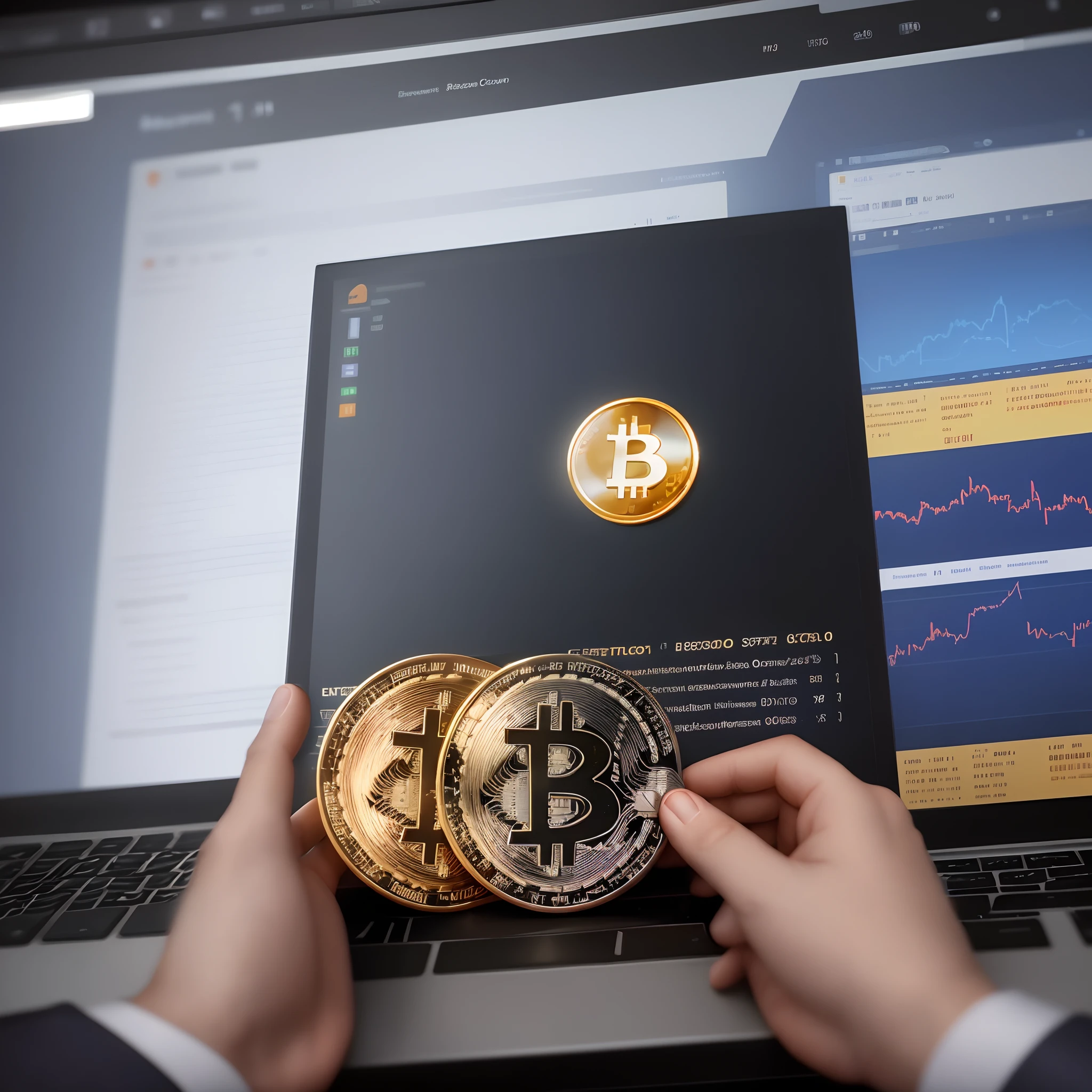 A Realistic Bitcoin Cryptocurrency in Government Hand Behind Computer Screens with Detailed Realistic 4k Negative Graphics