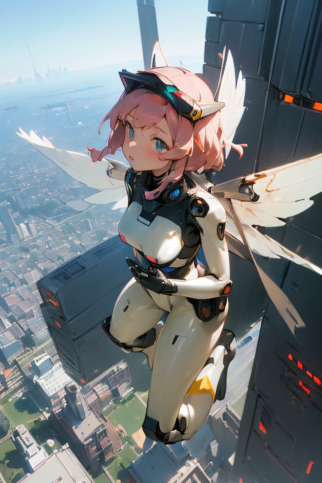 (Girl in high tech bodysuit flying over the city of the future:1.5), (Futuristic city:1.5), visor, Headgear, (Little Mecha Wings:1.5), masutepiece, Ultra Detailed CG, Ultra-detailed details, 8K Wallpaper, (Perfect female figure:1.5), Huge natural BR...