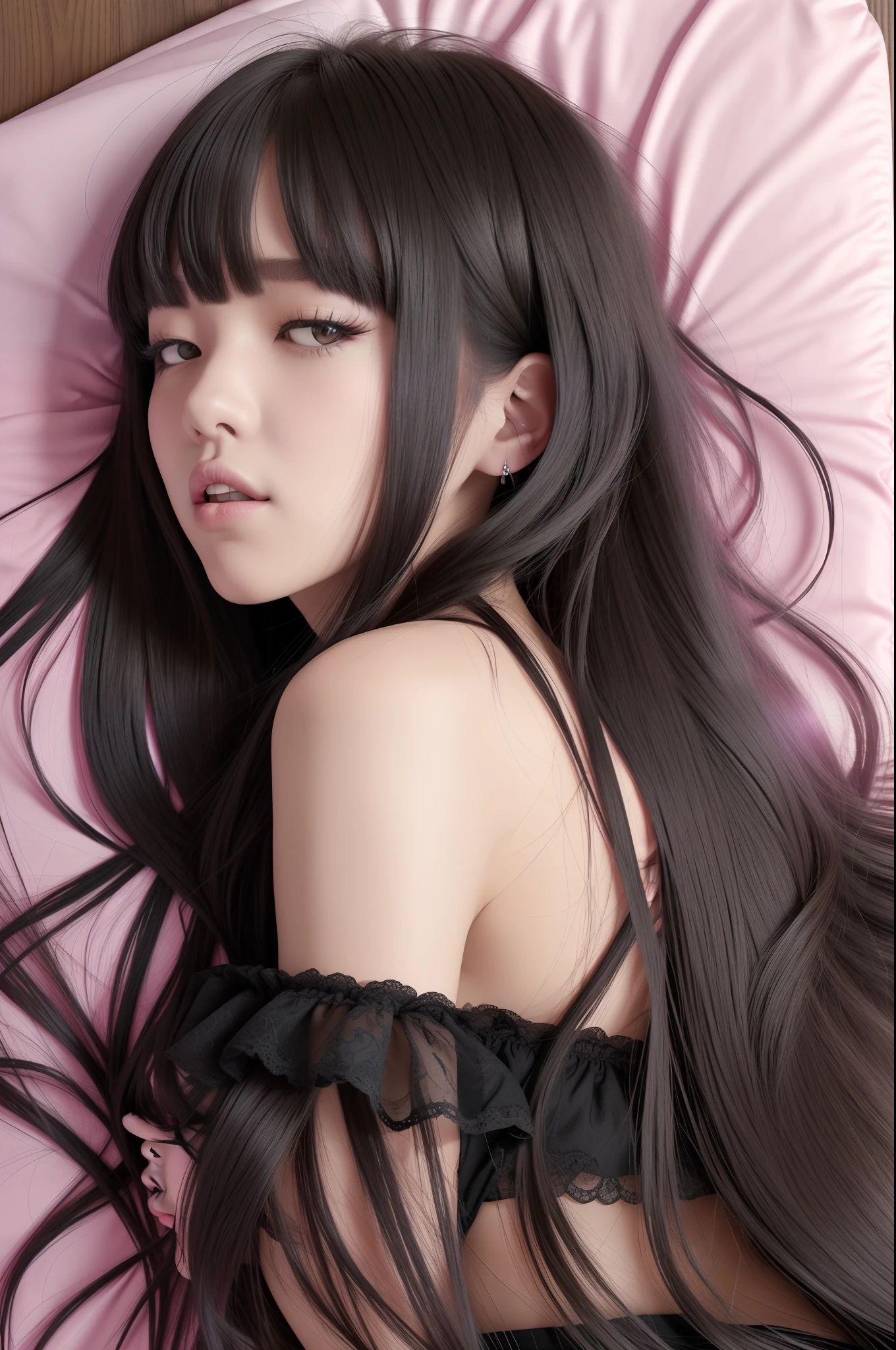 a woman laying on a bed with her hair blowing in the wind, ulzzang, she has black hair with bangs, cruel korean goth girl, korean girl, lalisa manobal, with full bangs, portrait of jossi of blackpink, long hair with full bangs, lalisa manoban of blackpink, long black hair with bangs, photo realistic, 4k --auto --s2