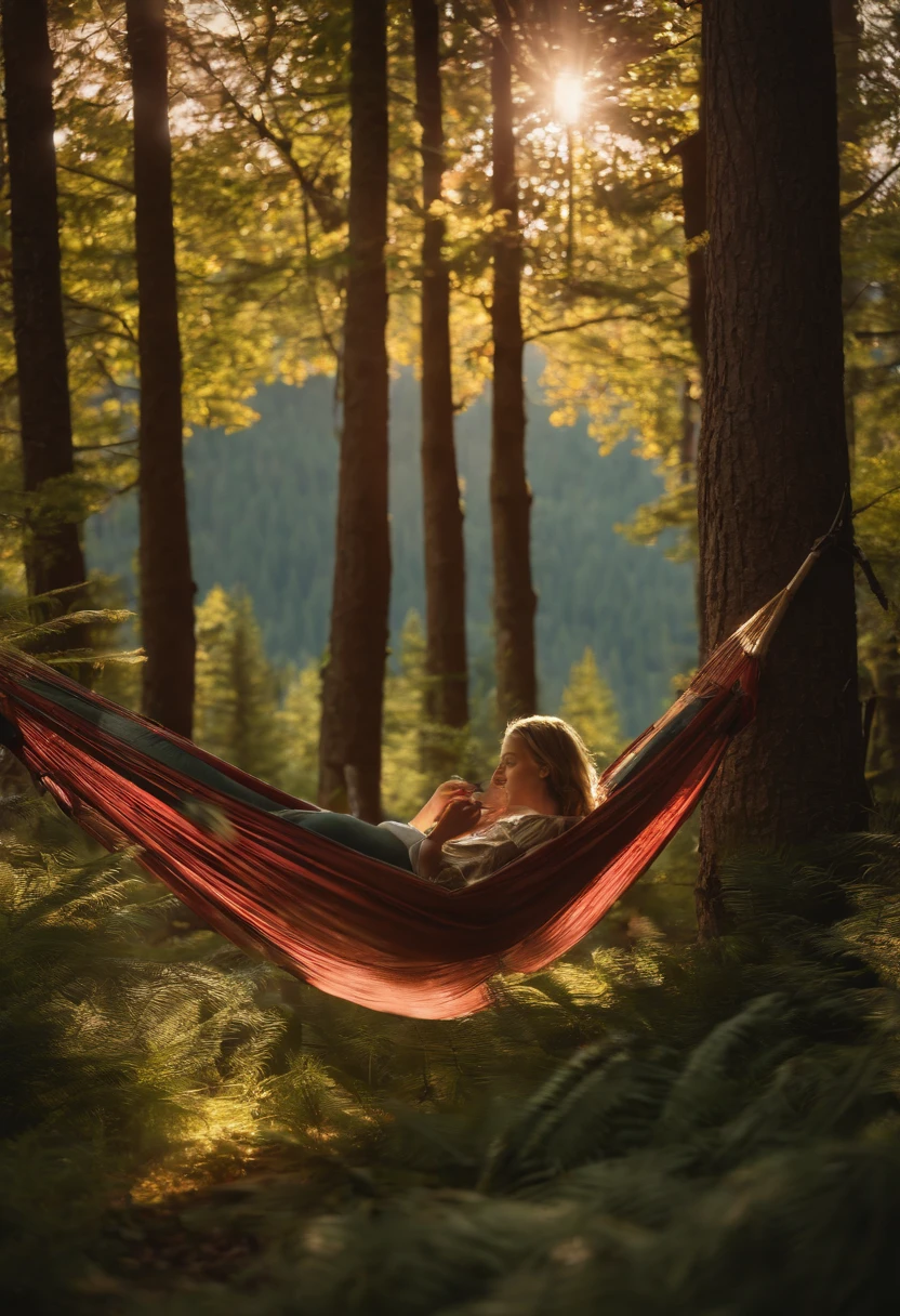 masterpiece, high-res, youthful,Sleeping in a hammock, pajama, (Women's Travel), forests, trees, Mount, tent, picnic, adventure