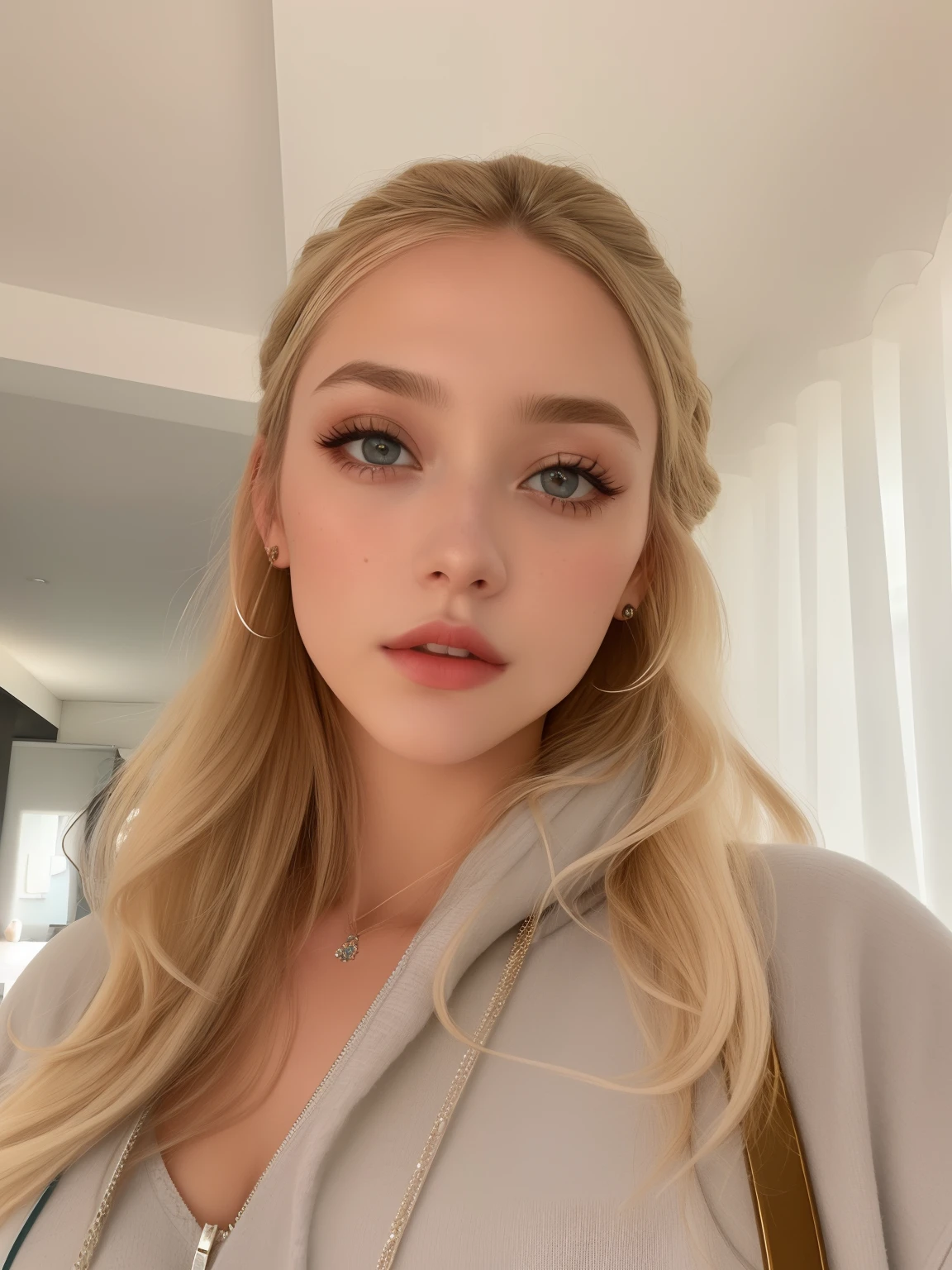 Mujer rubia con ojos azules y una sudadera con capucha gris posando para una selfie, cabello rubio y ojos grandes, sydney sweeney, Cabello largo y rubio y ojos grandes, inspired by Károly Lotz, con maquillaje profesional, cabello rubio y ojos azules, Jodie Bateman, Cara impecable detallada, por Anna Haifisch, Ellie Victoria Gale, Cara sexy con maquillaje completo