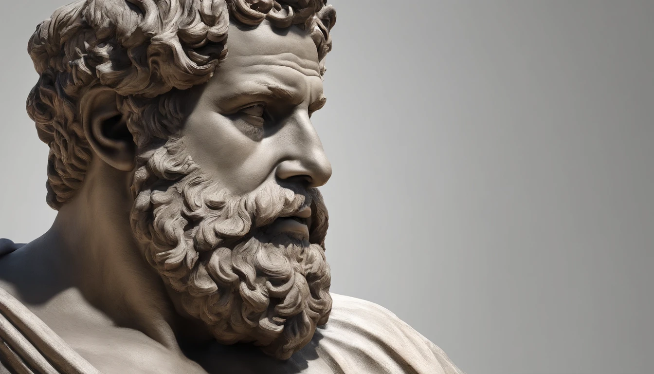Statue of Greek philosophy with beard and muscles, cinemactic, 8k, fundo escuro, Detailed symmetrical realistic face, textura natural extremamente detalhada, peach fluff, short hair, master part, Absurdo, foto premiada por lee jeffries, Nikon Film Stock D850 Fotografia, kodak portra 400 camera f1.6 lentes, extremamente detalhado, Amazing, detalhes finos, cores ricas, textura hiper realista, dramatic lighting, UnrealEngine, trending on ArtStation, cinestill 800 tungsten, Olhando para o Viewer, Realistic photo, Foto RAW , TanvirTamim, alta qualidade, high resolution, foco nítido, extremamente detalhado, Cinematic lighting, 8k UHD,
