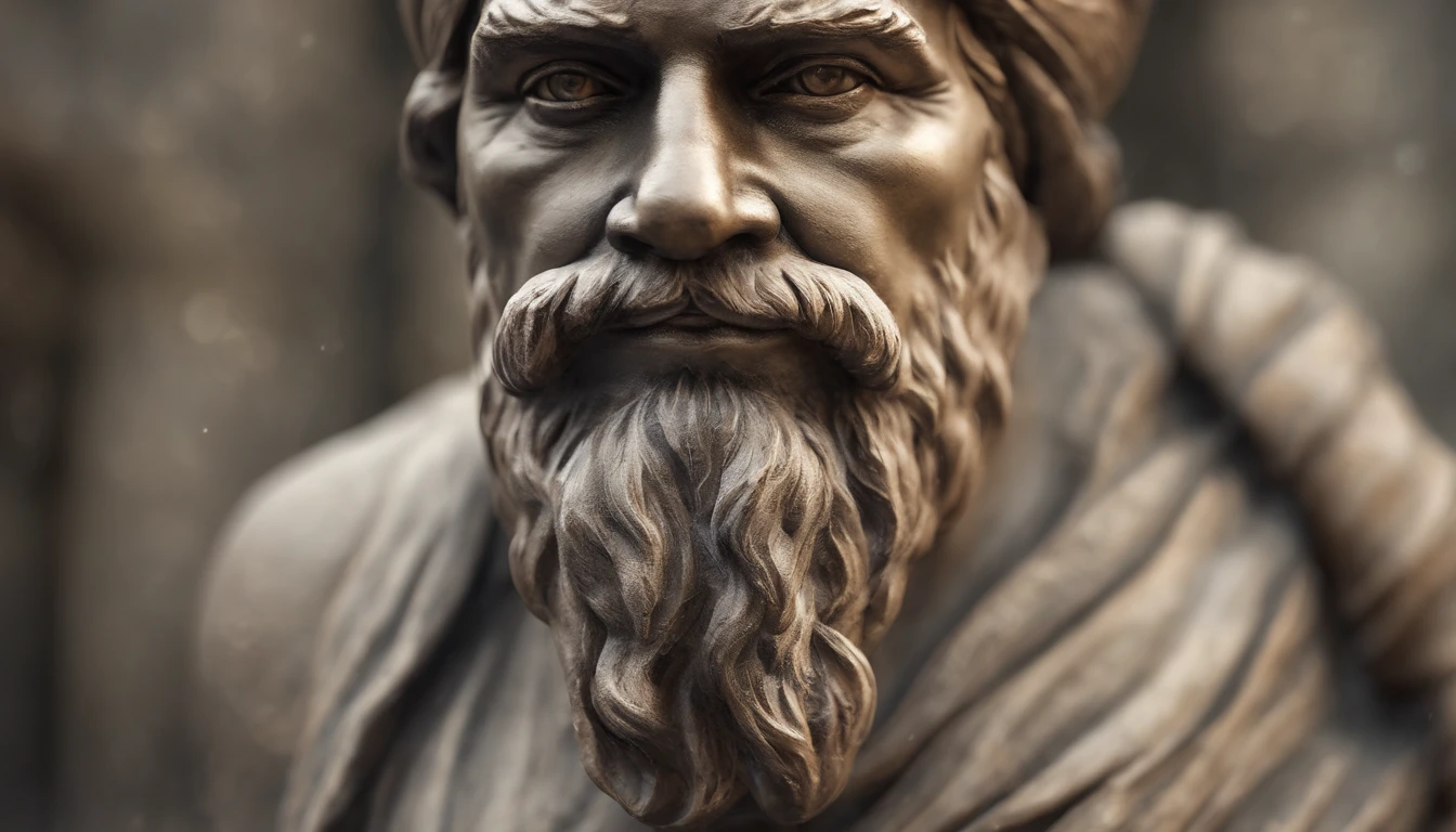 Statue of Greek philosophy with beard and muscles, cinemactic, 8k, fundo escuro, Detailed symmetrical realistic face, textura natural extremamente detalhada, peach fluff, short hair, master part, Absurdo, foto premiada por lee jeffries, Nikon Film Stock D850 Fotografia, kodak portra 400 camera f1.6 lentes, extremamente detalhado, Amazing, detalhes finos, cores ricas, textura hiper realista, dramatic lighting, UnrealEngine, trending on ArtStation, cinestill 800 tungsten, Olhando para o Viewer, Realistic photo, Foto RAW , TanvirTamim, alta qualidade, high resolution, foco nítido, extremamente detalhado, Cinematic lighting, 8k UHD,