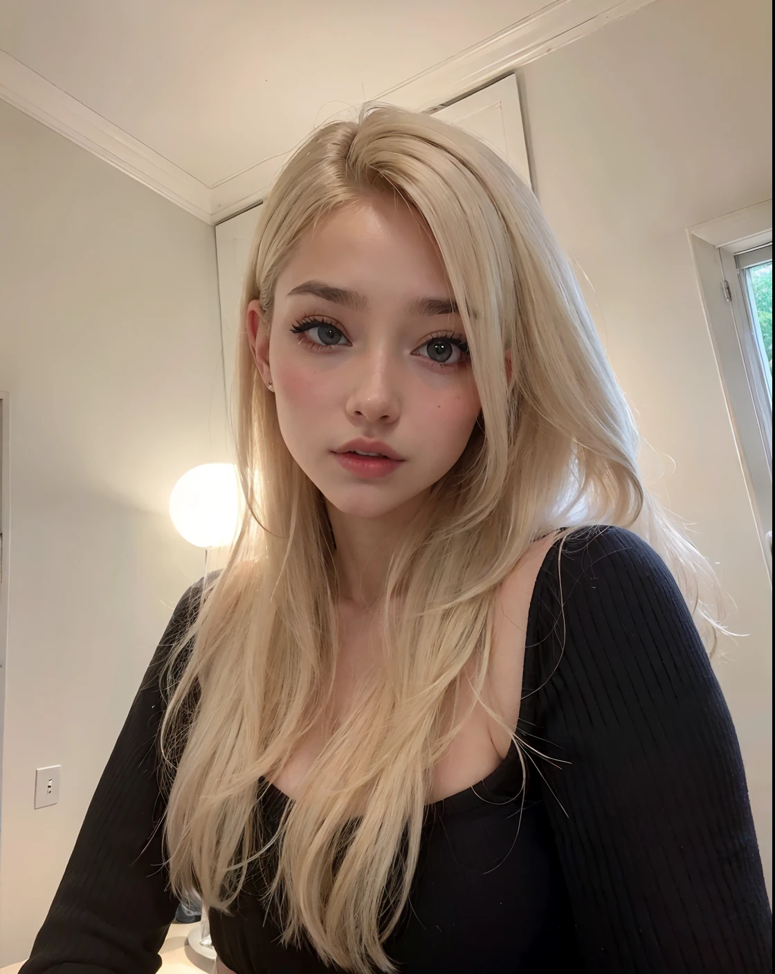 mujer rubia con pelo largo y top negro frente al espejo, Retrato de Kim Petras, Angelawhite, Una chica con cabello rubio, sydney sweeney, Cabello largo y rubio y ojos grandes, Una hermosa rubia, con cabello largo y rubio, cabello rubio y ojos grandes, cabello rubio muy, very pale, Diosa rubia, Rubio y rasgos atractivos, hermosa chica rubia