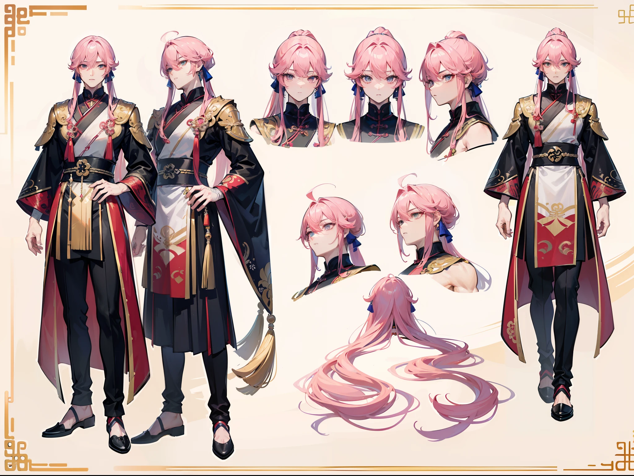 ((Masterpiece, Highest quality)), Male, boy, Detailed face, character design sheet， full bodyesbian, Full of details, frontal body view, back body view, Highly detailed, Depth, Many parts, Muscle boy with long pink hair with long bangs，handsome man, muscle body, Traditional chinese clothes, Genshin Impact, man tall