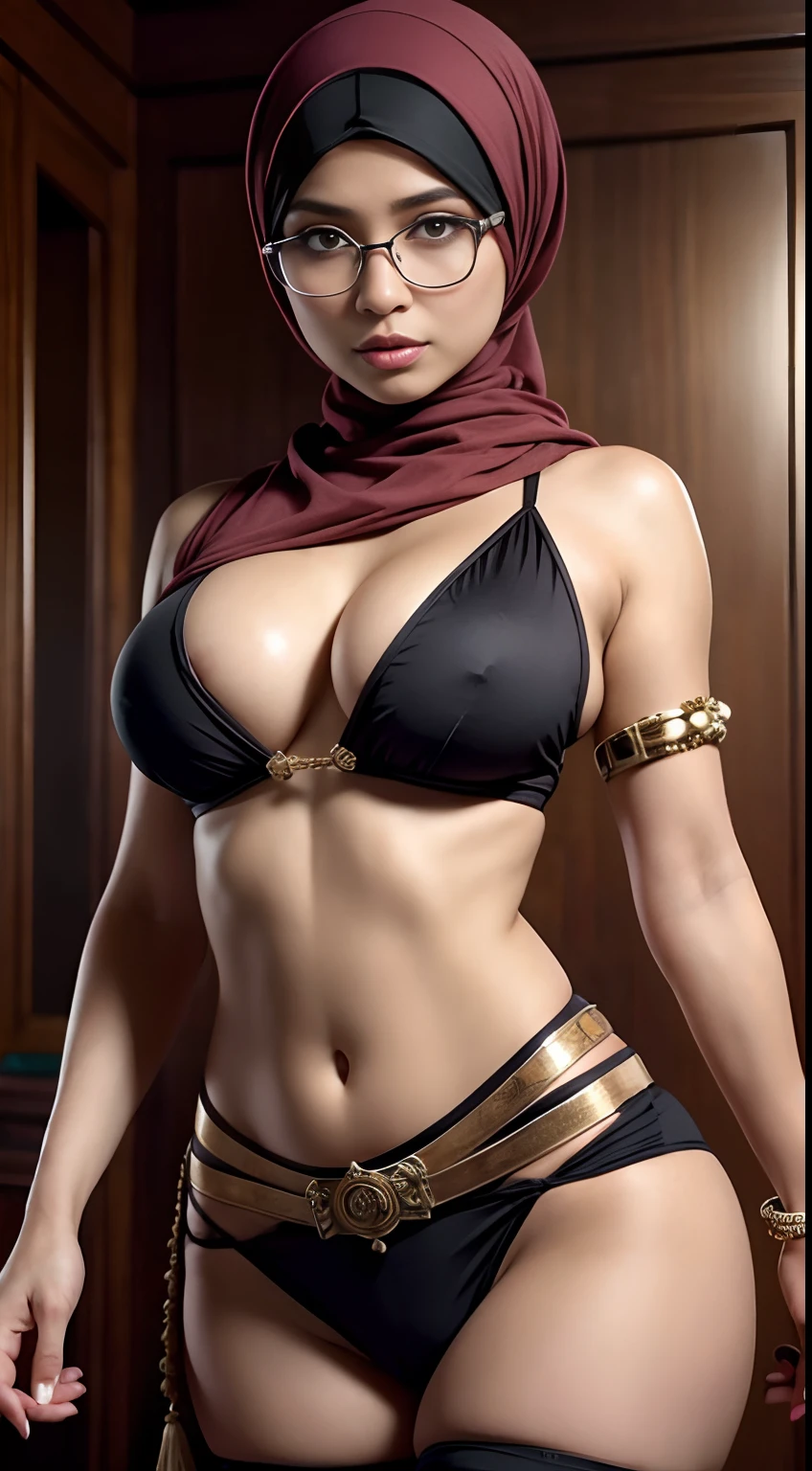 naughty, (iu:0.8),cleavage, RAW, Best quality, high resolution, Masterpiece: 1.3, Beautiful glasses pearl_skinned sexy hijabi javanese princess dressed as tomb_raider, Masterpiece, Soft smile
