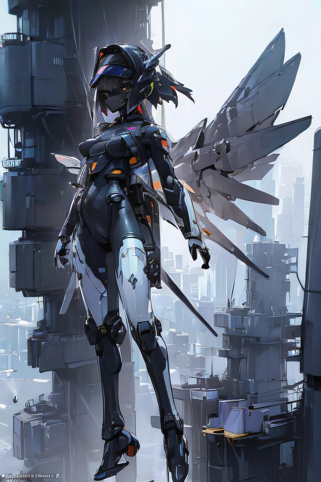 (Girl in high tech bodysuit flying over the city of the future:1.5), (Futuristic city:1.5), visor, Headgear, (Little Mecha Wings:1.5), masutepiece, Ultra Detailed CG, Ultra-detailed details, 8K Wallpaper, (Perfect female figure:1.5), Huge natural BR...
