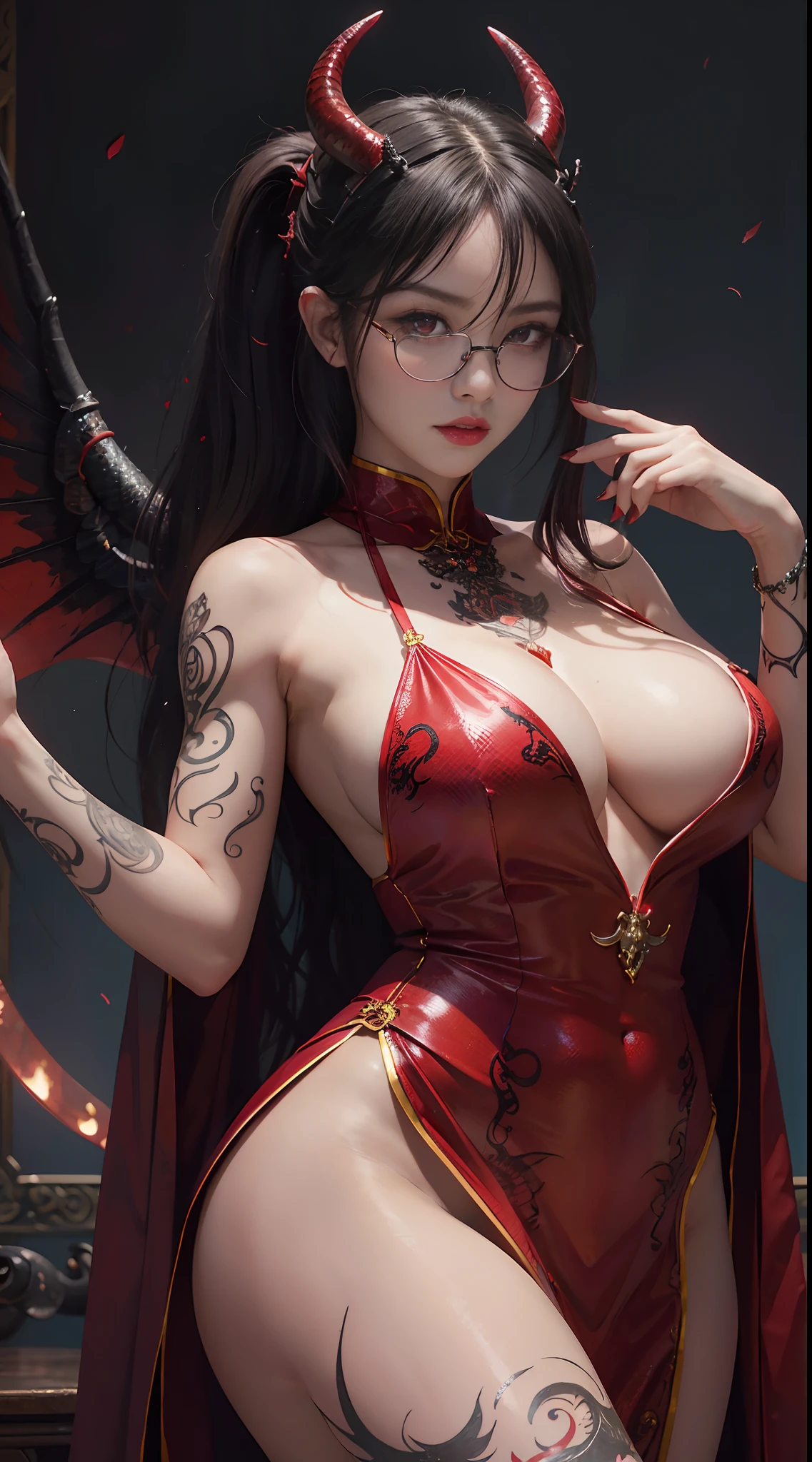 Fine、(The best illustrations)、8k UHD resolution、intricate-detail、top-quality、realisitic、ultra-detailliert、The best lighting、Best Shadows、Soft lighting、Ulutra HD、1 beautiful devil woman from hell, surreal female portraits by David Hockney and Alphonse Mucha, Portrait of a seductive woman、Fantasy Art, Chinese Doll、Dungeon、The dragon、Devil's Palace、Devil's Torture Chamber、magia、 Evil Nun、Dark Necromancer、natta、Dark style、Succubus、Devil's Daughter、Umi Shinonome、Bat Wings,(((Demon Horns)))、((((black-rimmed round glasses))))、(((Colossal tits)))、(Devil's Tail)、(red eyes glowing:1.6)、 intricate tattoos, demonic intricate tattoos, thigh tattoos, body tattoos, masterpiece、beautiful countenance、a baby face、Muscular seductive body、The enchanting body of the devil、Chinese actress、Seductive Black Magic Costume、(((A shiny red snake is wrapped around her body)))、Tindall Effect、photos realistic、(High Detail Skins:1.2)、 (Intricate details, makeup, pureerosface_v1:0.5), (Detailed beautiful delicate face, Detailed beautiful delicate eyes, A perfectly proportioned face, High detailed skin, Detailed skin, best ratio four finger and one thumb, arms below breasts, Tattoo with a red glow under the stomach、Awesome awesome, wide hips, smooth midriff, skiny and thin, __Fashion__, __hair__:1.25)、Digital SLR、hightquality、a picture、hight resolution、 absurderes、Ponytail distortion、1人、Red sparkling gemstone necklace、jewely、Beautiful expression、Body Up、Large breasts emphasis、Toned waist、Wide buttocks、Devil's Tail、intricate tattoos, demonic intricate tattoos, thigh tattoos, body tattoos, effect、Photorealsitic、(High Detail Skins:1.2)、In the Dark, lowkey, cowboy lens, (red phoenix dress: 1.0), Seductive Black Magic Costume、Long hair, Black hair, Bust, Devil's Palace, devil crown, red eyes make up very sharp and detailed, The most beautiful face, Super tight breasts, Breast augmentation surgery, The breasts are very big and round and round, Black magic costume、Super realistic , Charming smile,a baby face、 The eyes