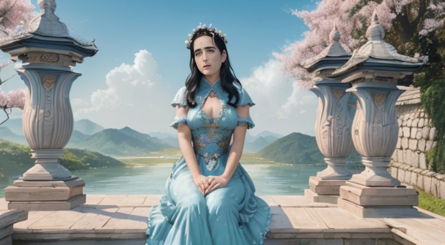 ((melhor qualidade)), ((obra-prima)), (detalhado), Empress Dragon "Jennifer Connelly", olhos realistas, cabelo preto, olhos azuis, seios pequenos, vestido de setin koreano sensual, paisagem maligna, ethereal beauty, (Fantasy Illustration:1.3), olhar encantador, pose cativante, garota solo, charme sobrenatural, mystical sky, gazebo,(escultura em papel:1.5),Stooping, (Mar de nuvens brancas:1.3), (nuvens brancas:1.3), (peach blossom:1.2), Montanhas, soft lighting，Elementos Orientais, sonhador, pastels colors, cores brilhantes, Traditional Chinese color scheme, ( Reasonable design, linhas claras, alta nitidez,melhor qualidade, Very detailed, master part, arte oficial, Efeito de luz do filme, 4k ),