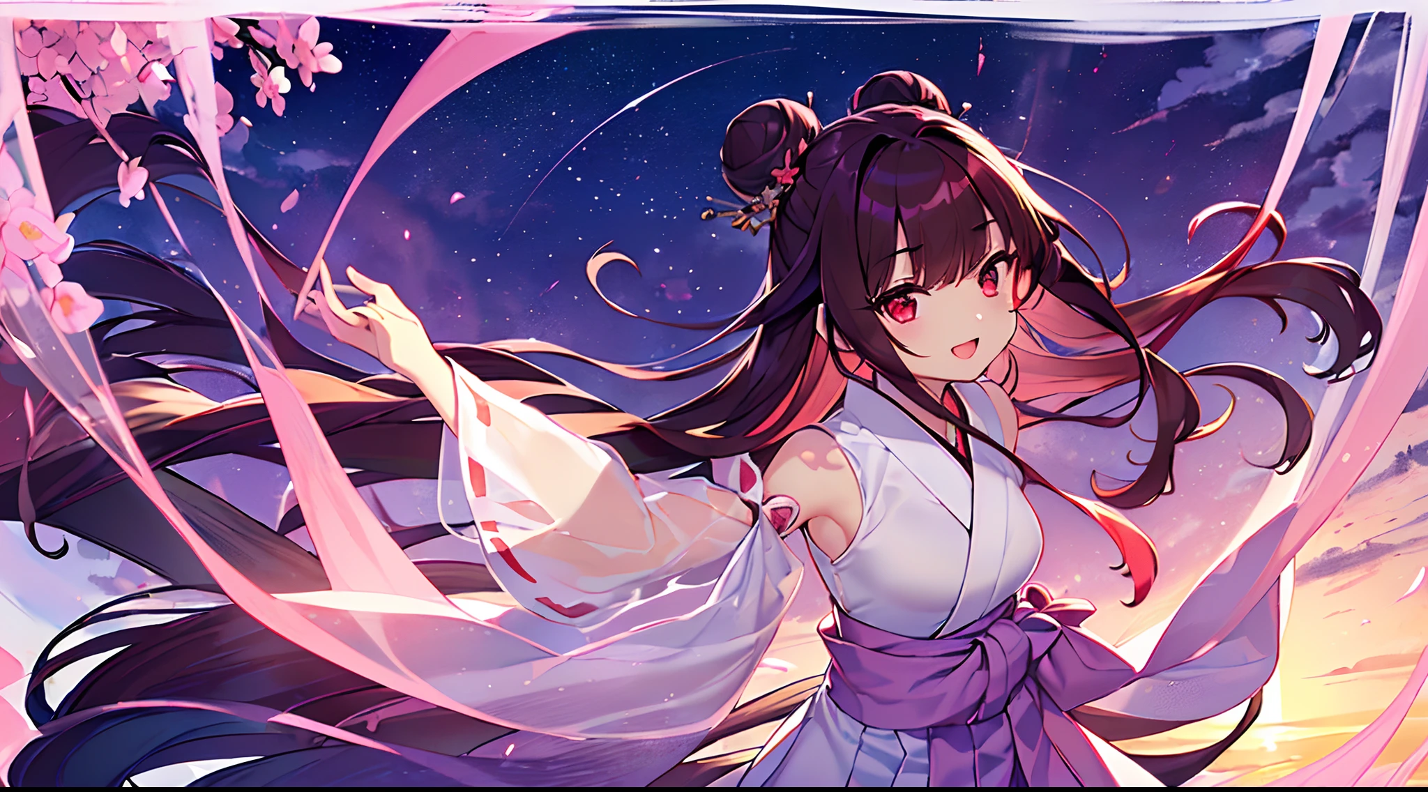 (top-quality), (​masterpiece)、(ultla detailed)、(Beauty alone:1.5)、cute little、offcial art、Smile with open mouth、Outside、(Floating in the sky:1.5)、dynamic pose、(FULL BODYSHOT:1.2)、(silk fabric clothes:1.3)、White tired kimono、(Light pink sleeve)、(see-through sleeves)、(Light purple hakama:1.3)、(See-through Hakama)、(Daytime)、(18year old:1.3)、Medium chest、(Red Eyes)、A detailed eye、(A dark-haired:1.5)、(Straight hair:1.5)、(Longhaire:1.5)、Blunt bangs、Bun hair、(Maxi length:1.2)、Arms outstretched、Floating hair、(factor)、Floral hair ornament、starrysky、Yellow sky and clouds background、