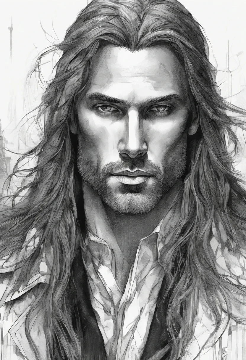 all black and white sketch drawing of a man with very long straight hair, 45 years old, clean-shaven handsome face, charming eyes, slight smile with mouth closed, dressed in a slightly open button-down shirt, highly detailed, fine details, epic art