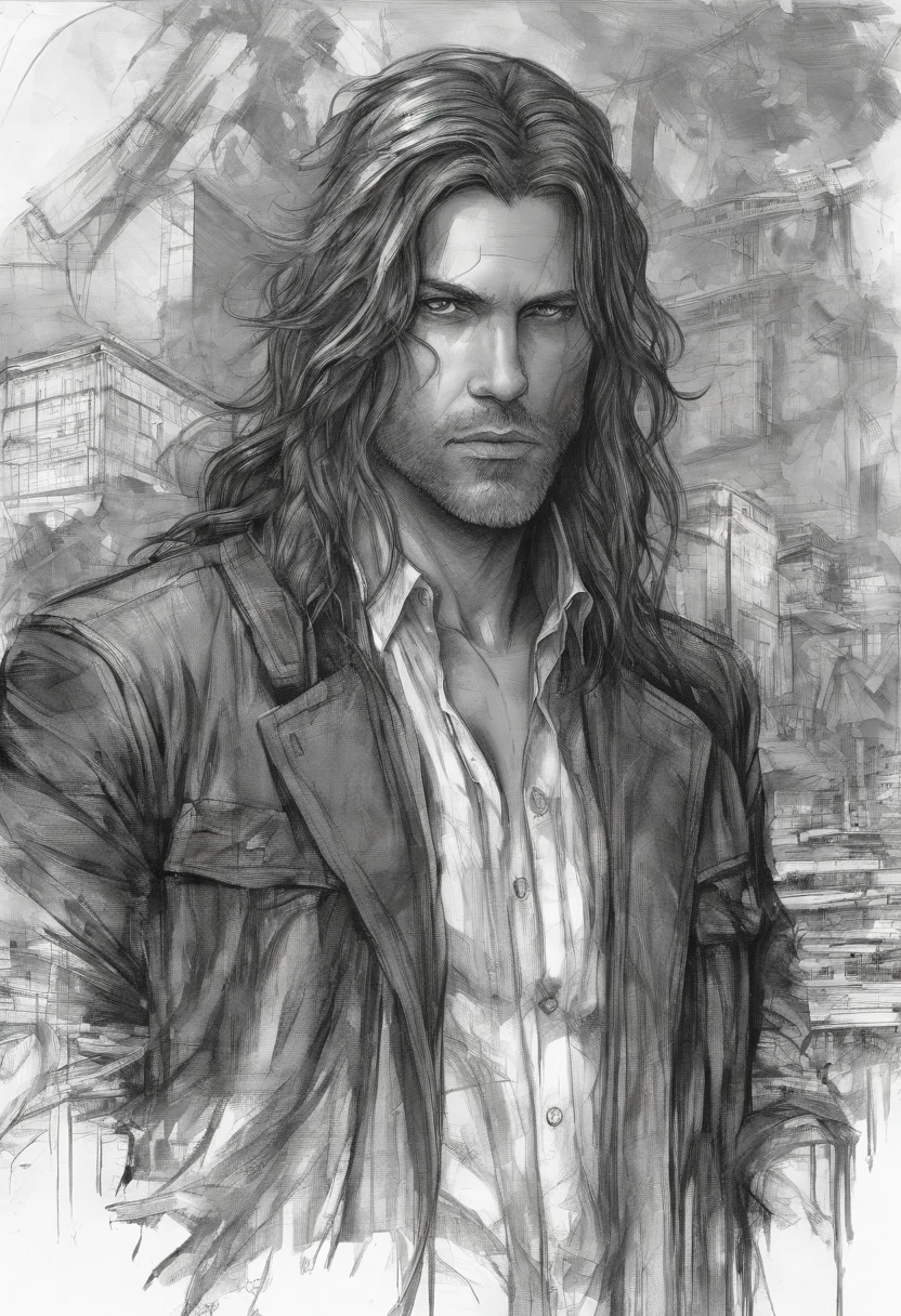 all black and white sketch drawing of a man with very long straight hair, 45 years old, clean-shaven handsome face, charming eyes, slight smile with mouth closed, dressed in a slightly open button-down shirt, highly detailed, fine details, epic art