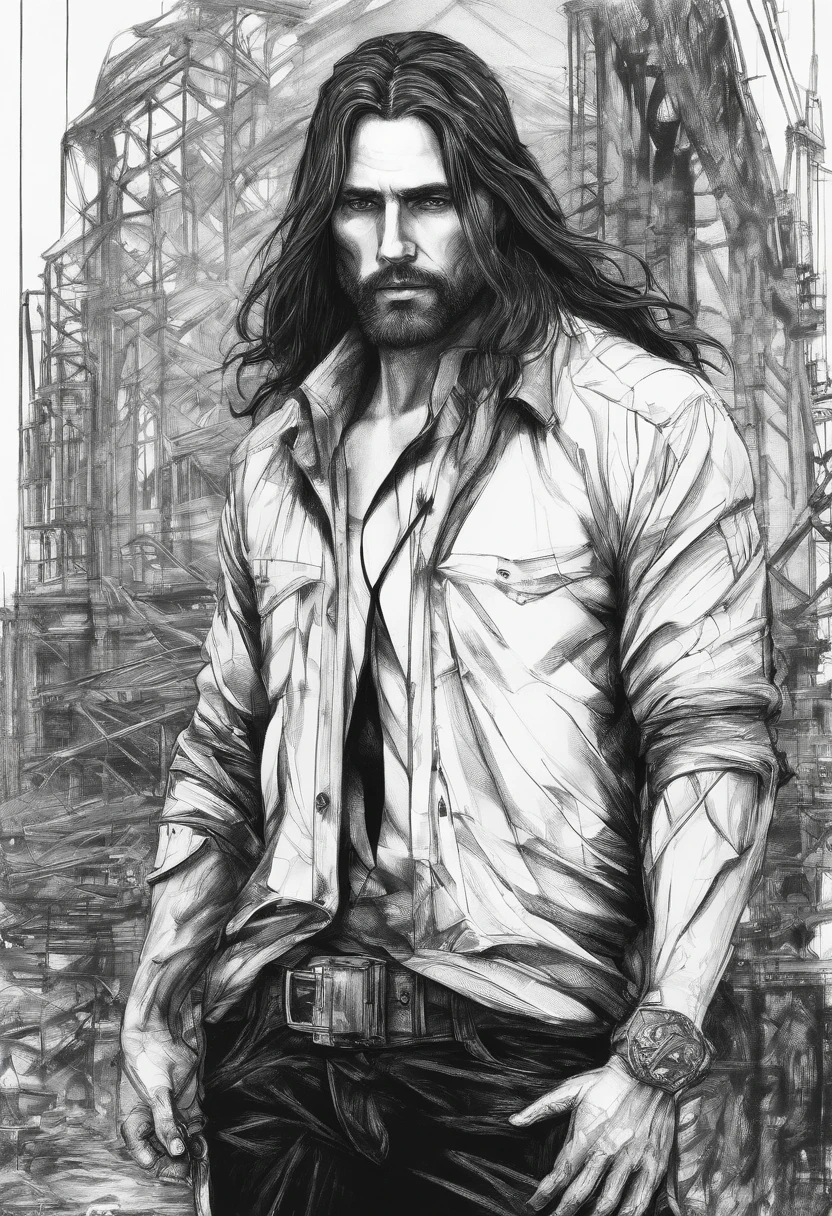 all black and white sketch drawing of a man with very long straight hair, 45 years old, clean-shaven handsome face, charming eyes, slight smile with mouth closed, dressed in a slightly open button-down shirt, highly detailed, fine details, epic art