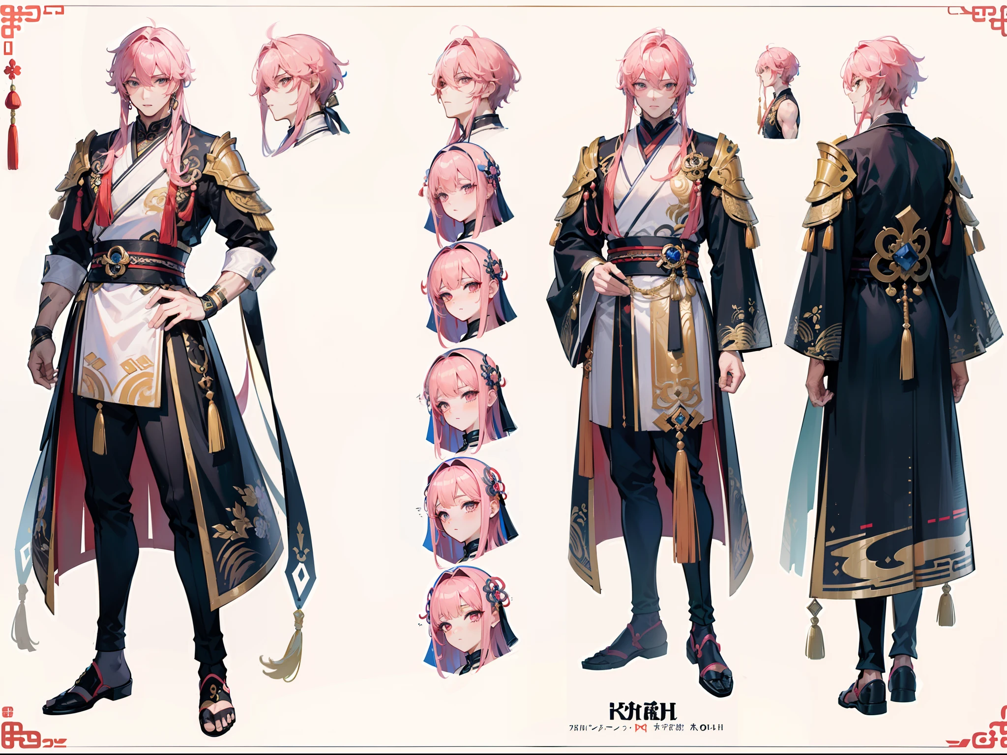 ((Masterpiece, Highest quality)), Male, boy, Detailed face, character design sheet, full bodyesbian, Full of details, frontal body view, back body view, Highly detailed, Depth, Many parts, Muscle boy with long pink hair with long bangs,handsome man, muscle body, Traditional chinese clothes, Genshin Impact, man tall
