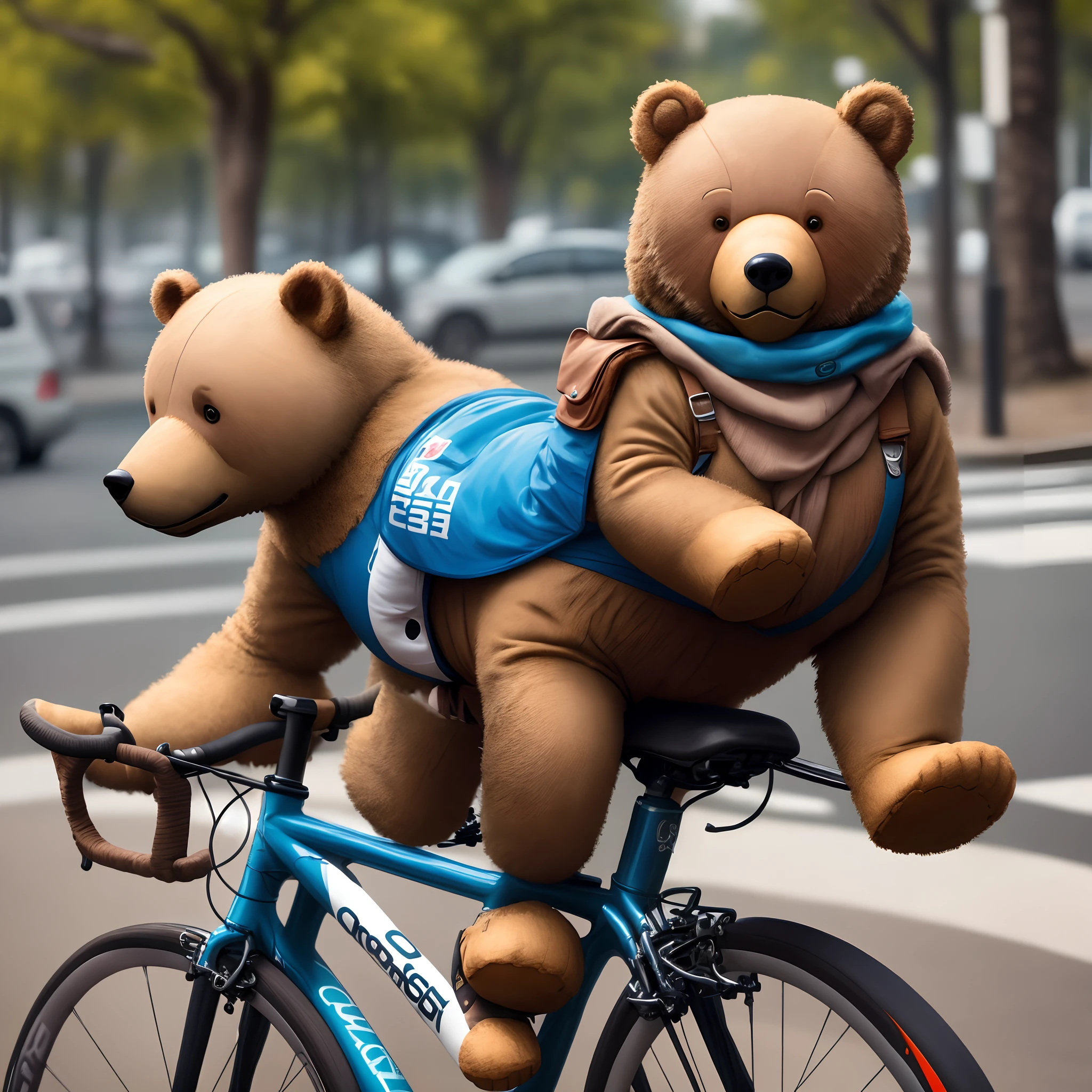 Urso com roupa de ciclista, capacete de ciclista, oculos escuros, andando de bicicleta