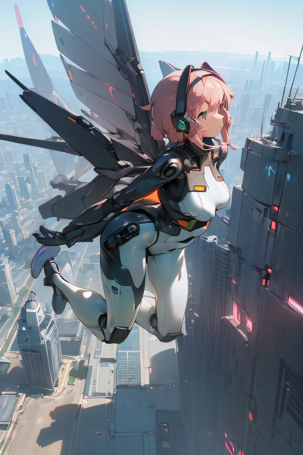 (Girl in high tech bodysuit flying over the city of the future:1.5), (Futuristic city:1.5), visor, Headgear, (Little Mecha Wings:1.5), masutepiece, Ultra Detailed CG, Ultra-detailed details, 8K Wallpaper, (Perfect female figure:1.5), Huge natural BR...