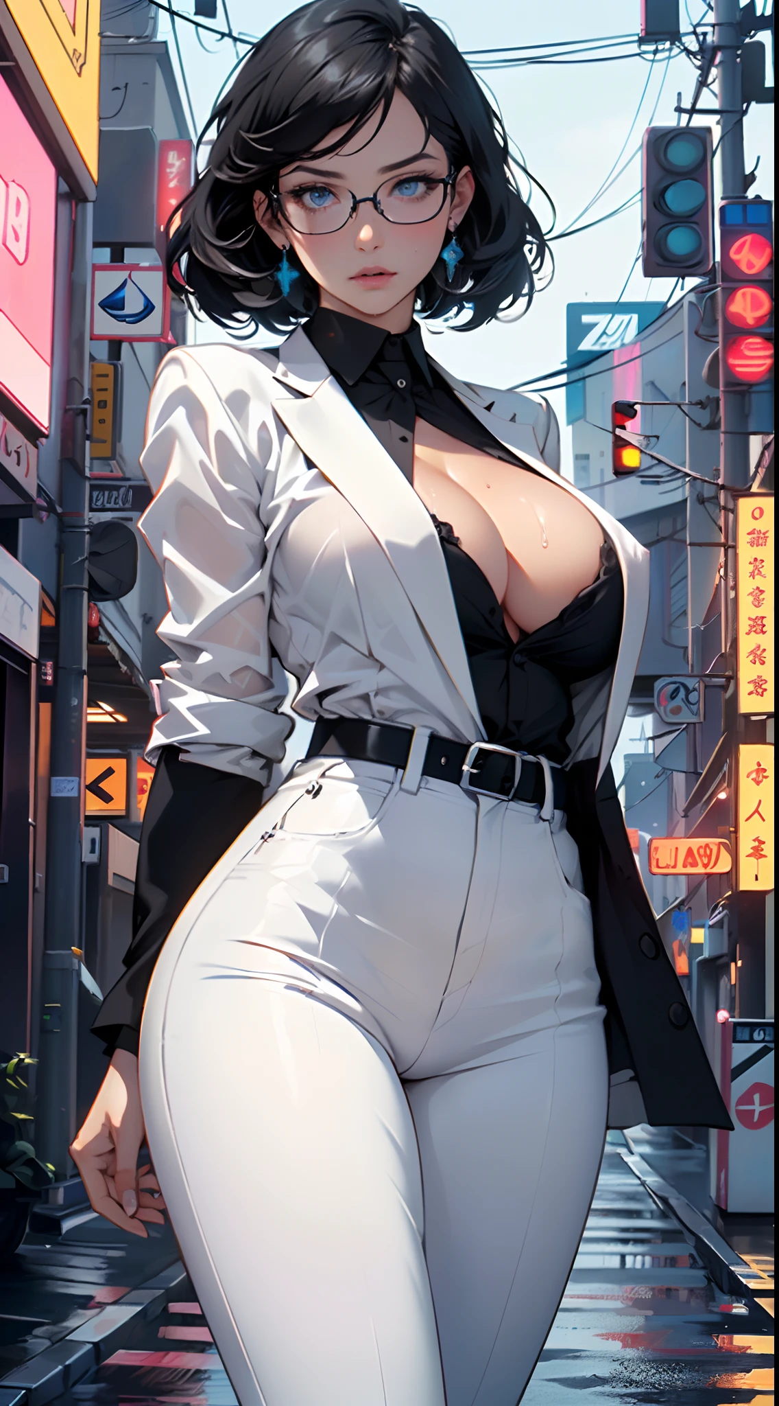 cute girl,(((1girl))),((girl with extremely cute and beautiful black hair)),

(large breasts:1.4),(((black hair:1.35,colored inner hair,ear breathing,large hair,tomboy haircut))),(((blue_eyes:1.3))),intricate eyes,beautiful detailed eyes,symmetrical eyes,((fat)),((lustrous skin:1.5,bright skin: 1.5,skin tanned,shiny skin,very shiny skin,shiny body,plastic glitter skin,exaggerated shiny skin,illuminated skin,wet legs))),(spider lower abdomen,narrow waist,wide hip,athletic body,inflated legs,detailed body,(detailed face)),

cute,slutty,seductive,erotic,(((nsfw))),

((((glasses)))),(((wearing white formal blazer,black formal pants,))),(((huge cleavage))),((wet clothes,intricate outfit,intricate clothes)),

(dynamic pose:1.0),solo focus,embarrassed,(centered,scale to fit dimensions,Rule of thirds),

cyberpunk city by the ocean at night, with bright neon signs and dark stormy clouds and puddles, scenery:1.25,

artistic photography,(photography taken by sldr),highres, sharp focus, (ultra detailed, extremely detailed), (photorealistic artwork:1.37),(extremely detailed CG unity 8k wallpaper),((synthwave background theme)),(((vibrant colors))),(intricate background),(masterpiece),(best quality)