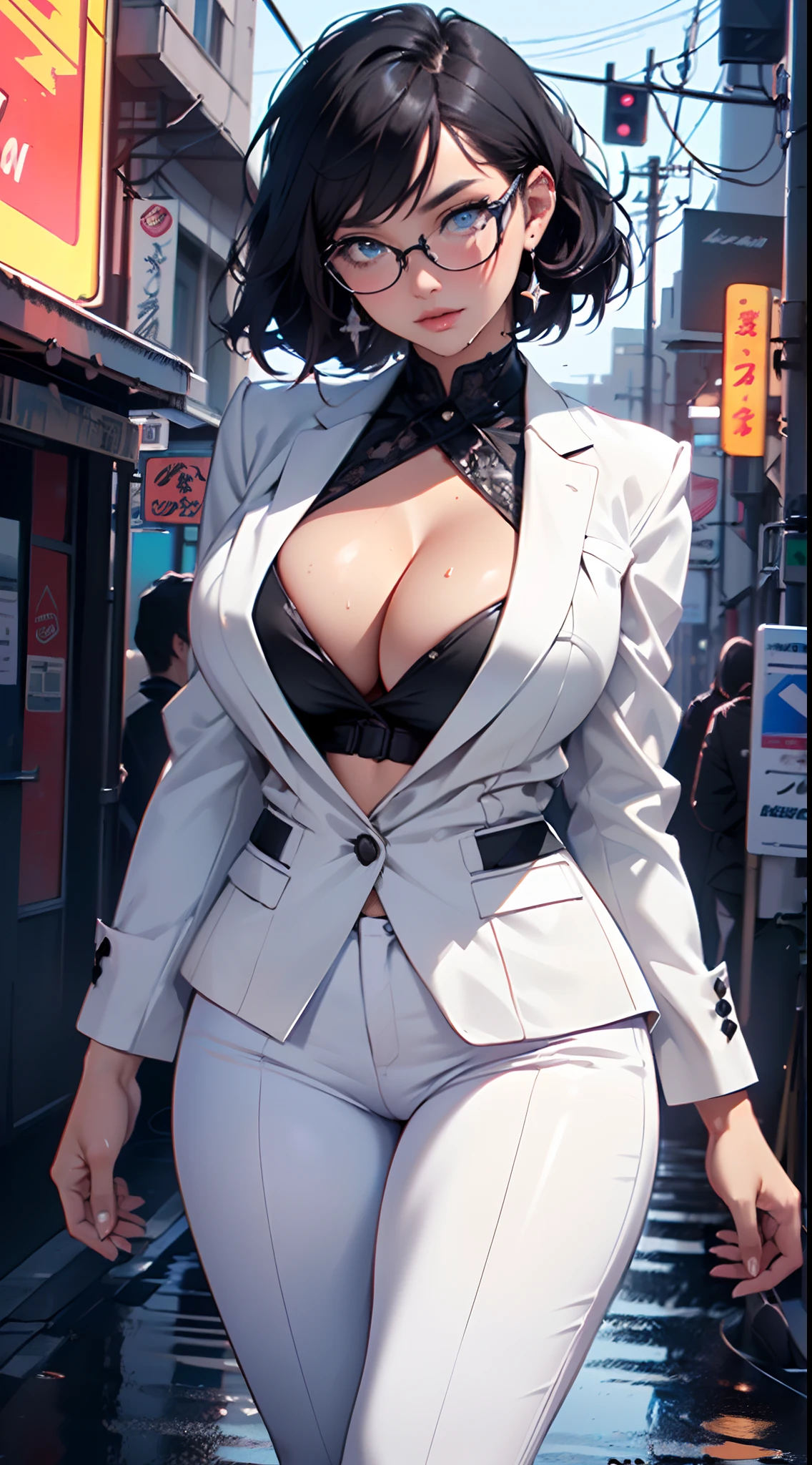 cute girl,(((1girl))),((girl with extremely cute and beautiful black hair)),

(large breasts:1.4),(((black hair:1.35,colored inner hair,ear breathing,large hair,tomboy haircut))),(((blue_eyes:1.3))),intricate eyes,beautiful detailed eyes,symmetrical eyes,((fat)),((lustrous skin:1.5,bright skin: 1.5,skin tanned,shiny skin,very shiny skin,shiny body,plastic glitter skin,exaggerated shiny skin,illuminated skin,wet legs))),(spider lower abdomen,narrow waist,wide hip,athletic body,inflated legs,detailed body,(detailed face)),

cute,slutty,seductive,erotic,(((nsfw))),

((((glasses)))),(((wearing white formal blazer,black formal pants,))),(((huge cleavage))),((wet clothes,intricate outfit,intricate clothes)),

(dynamic pose:1.0),solo focus,embarrassed,(centered,scale to fit dimensions,Rule of thirds),

cyberpunk city by the ocean at night, with bright neon signs and dark stormy clouds and puddles, scenery:1.25,

artistic photography,(photography taken by sldr),highres, sharp focus, (ultra detailed, extremely detailed), (photorealistic artwork:1.37),(extremely detailed CG unity 8k wallpaper),((synthwave background theme)),(((vibrant colors))),(intricate background),(masterpiece),(best quality)