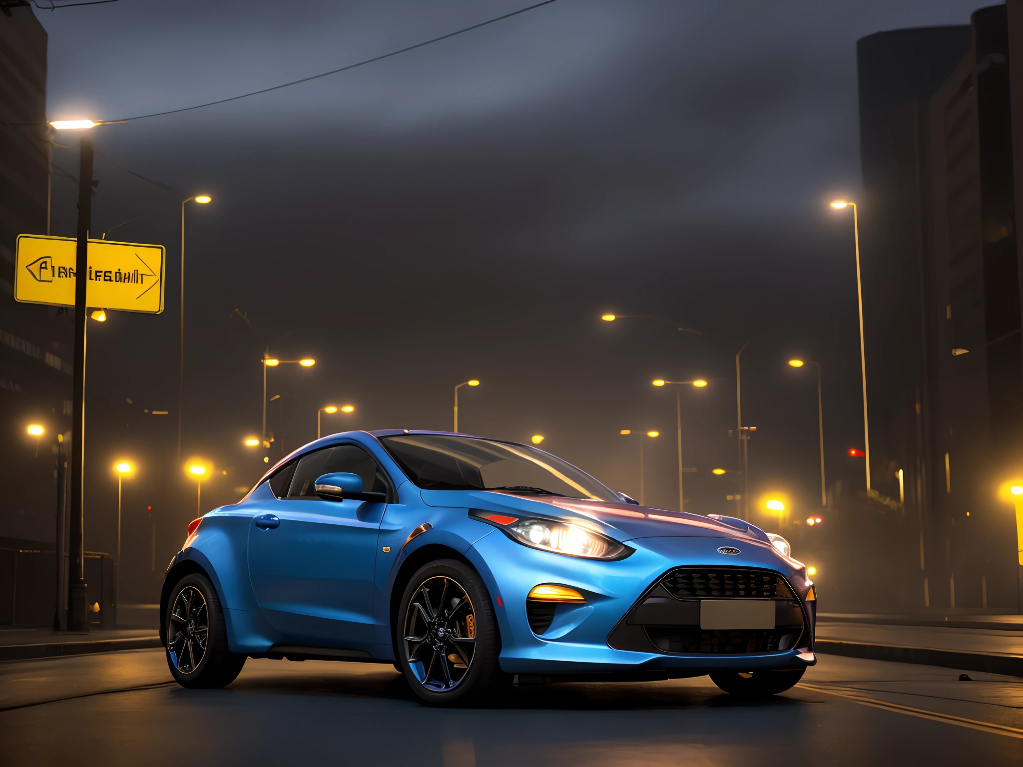Foto RAW, uma foto retrato de
carro ford ka  , cyberpunk, ao ar livre, noite,c urbana,
(pele detalhada alta: 1.2), 8k uhd, dslr, soft-lighting, alta qualidade, grain of film, Fujifilm XT3 ,ultra realistic