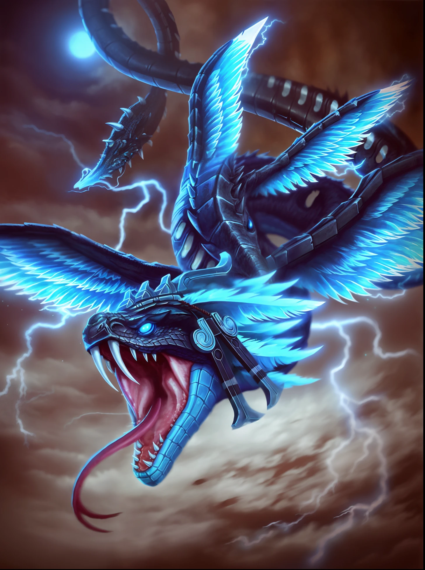 A close-up of a dragon with lightning in its mouth, Lightning Dragon Attack, Dragon Storm, Trueno fractal Dan Mumford, great mystical winged serpent, blue scaled dragon, epic dragon, guiverno, Charging through a dragon den, Pintura digital Godrays, Blue Dragon, Cyan lightning, Fantasy of the Chinese cyan dragon, dragon snake with wings, cyborg dragon portrait