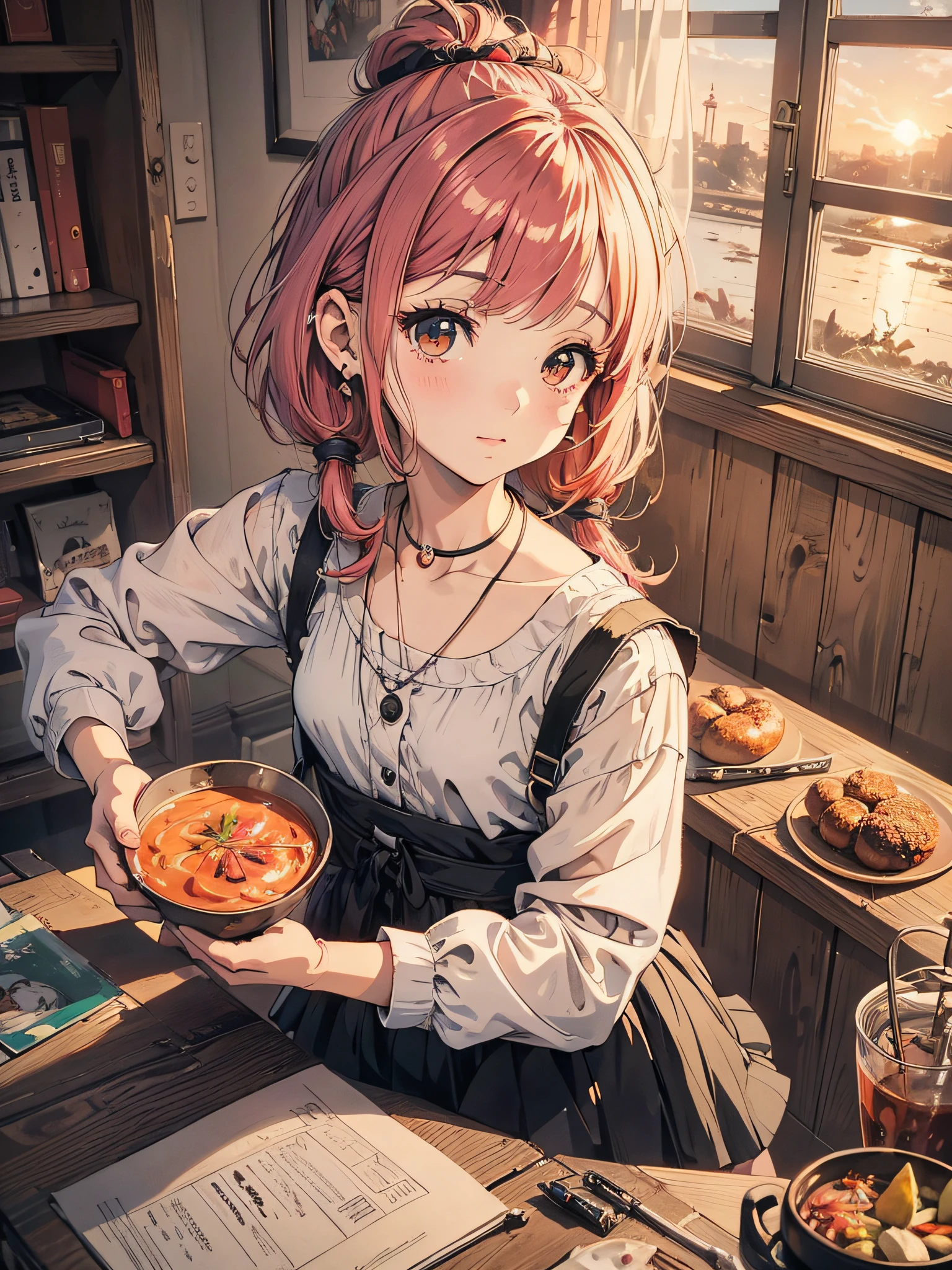 Menina anime sentada em um trem olhando pela janela, retrato bonito do anime, Retrato de Lofi em uma janela, menina anime bonita, Retrato Lofi, menina lofi, menina anime retrato, Arte no estilo de Guweiz, retrato de alta qualidade, with sunset, menina anime atraente, menina anime bonito, pintura realista da menina bonito, estilo anime. 8k