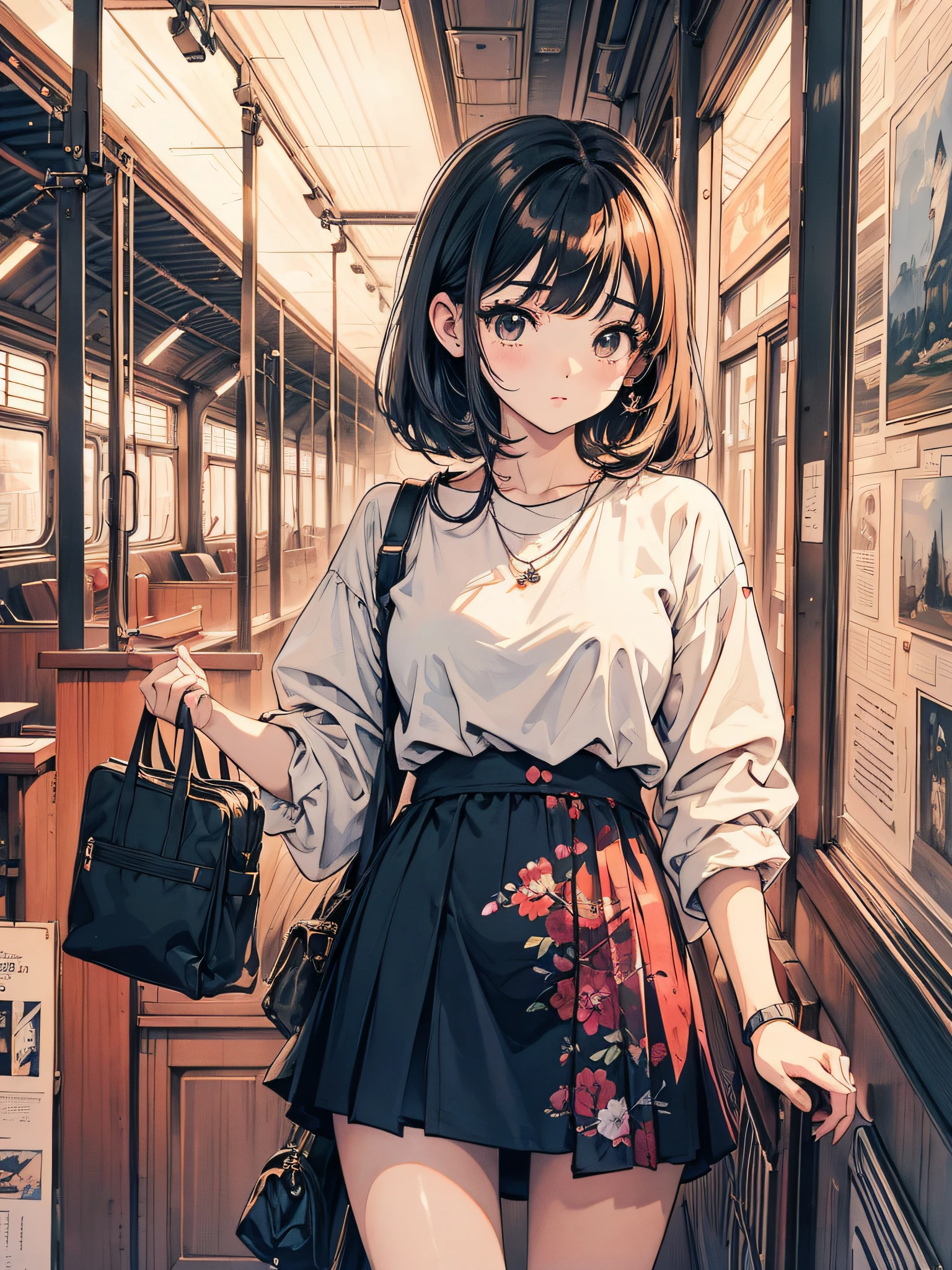 Menina anime sentada em um trem olhando pela janela, retrato bonito do anime, Retrato de Lofi em uma janela, menina anime bonita, Retrato Lofi, menina lofi, menina anime retrato, Arte no estilo de Guweiz, retrato de alta qualidade, with sunset, menina anime atraente, menina anime bonito, pintura realista da menina bonito, estilo anime. 8k