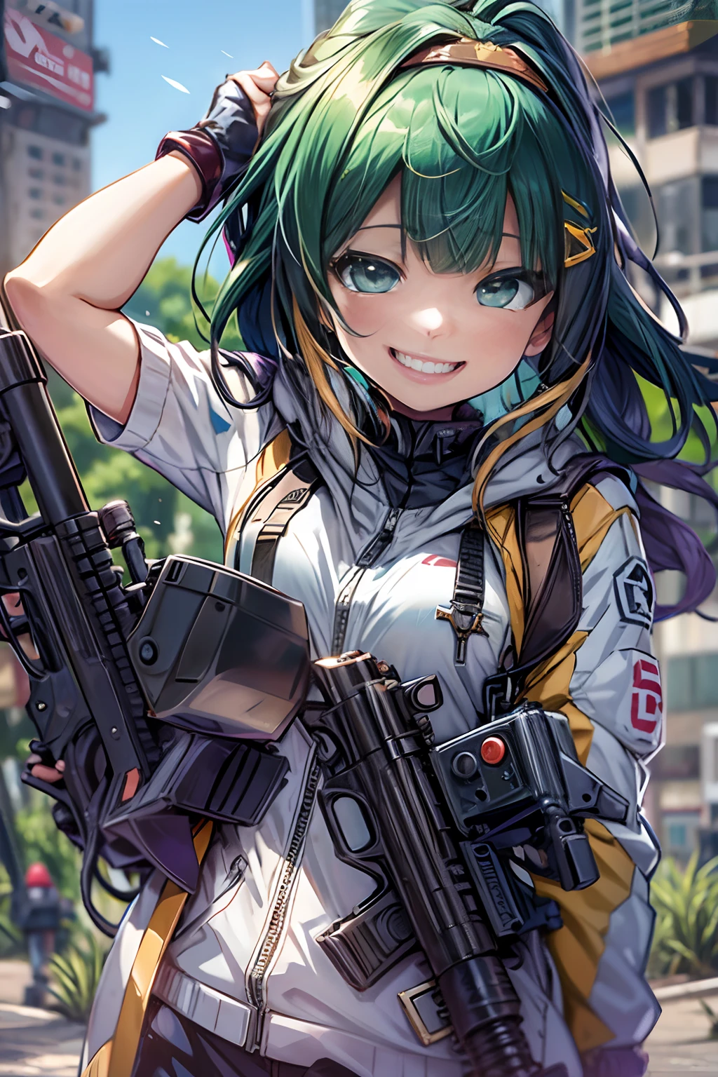 (tmasterpiece), (top-quality), realisticlying, ciinematic light, ((Hinata smiling with a machine gun)),  Posing with sexual overtones, Battlefield Background, the perfect body, Ahegao、