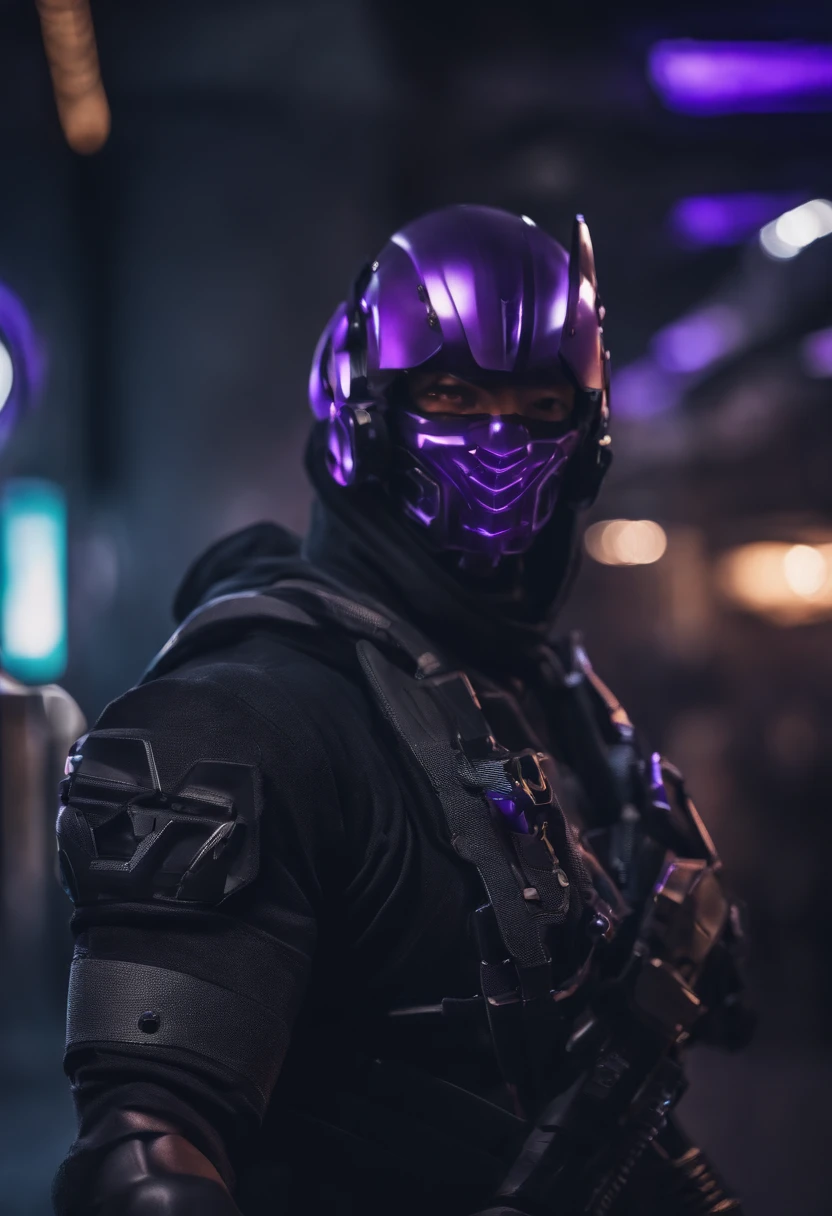 cyberpunked、male people、Half body machine、cyborgs、Full Metal Mask、Luminescent eyes、Near Future Ninja Awesome assassin purple tone Knife in left hand Lonely heights Killing Machine masutepiece Super beautiful、3-point live method、Best Quality、hight resolution、foco nítido