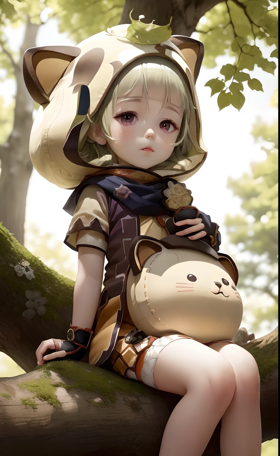 best qualtiy，（kawaii：1.1），（adolable），（A high resolution：1.2），cute female ，Sit on a tree，Holding a pillow，rubbing eyes