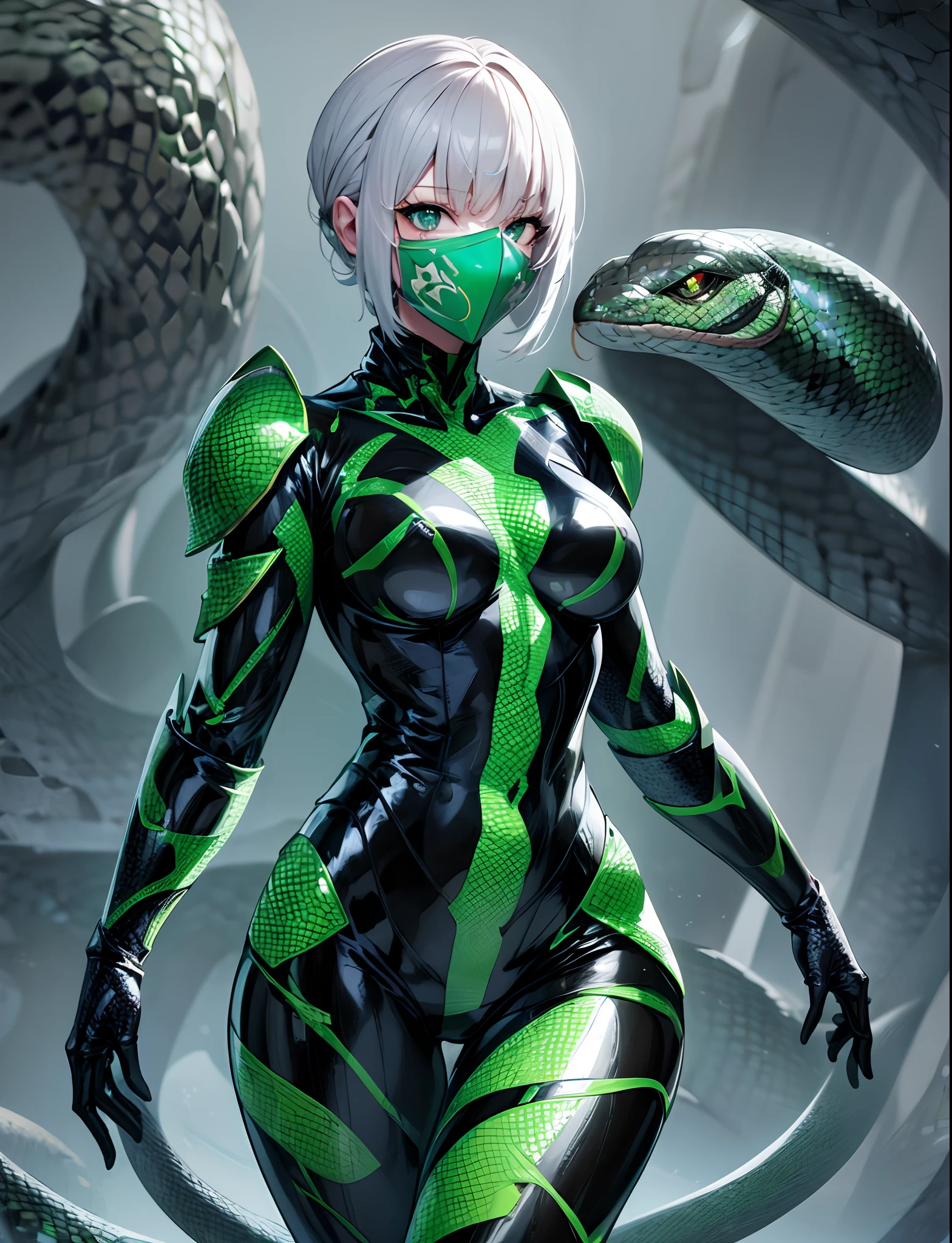 Beautiful girl fused with a snake. She has biomorphic armor. She wears a shiny bodysuit. Aqua color hair. mediumhair.Hide her face. Put on a mask.