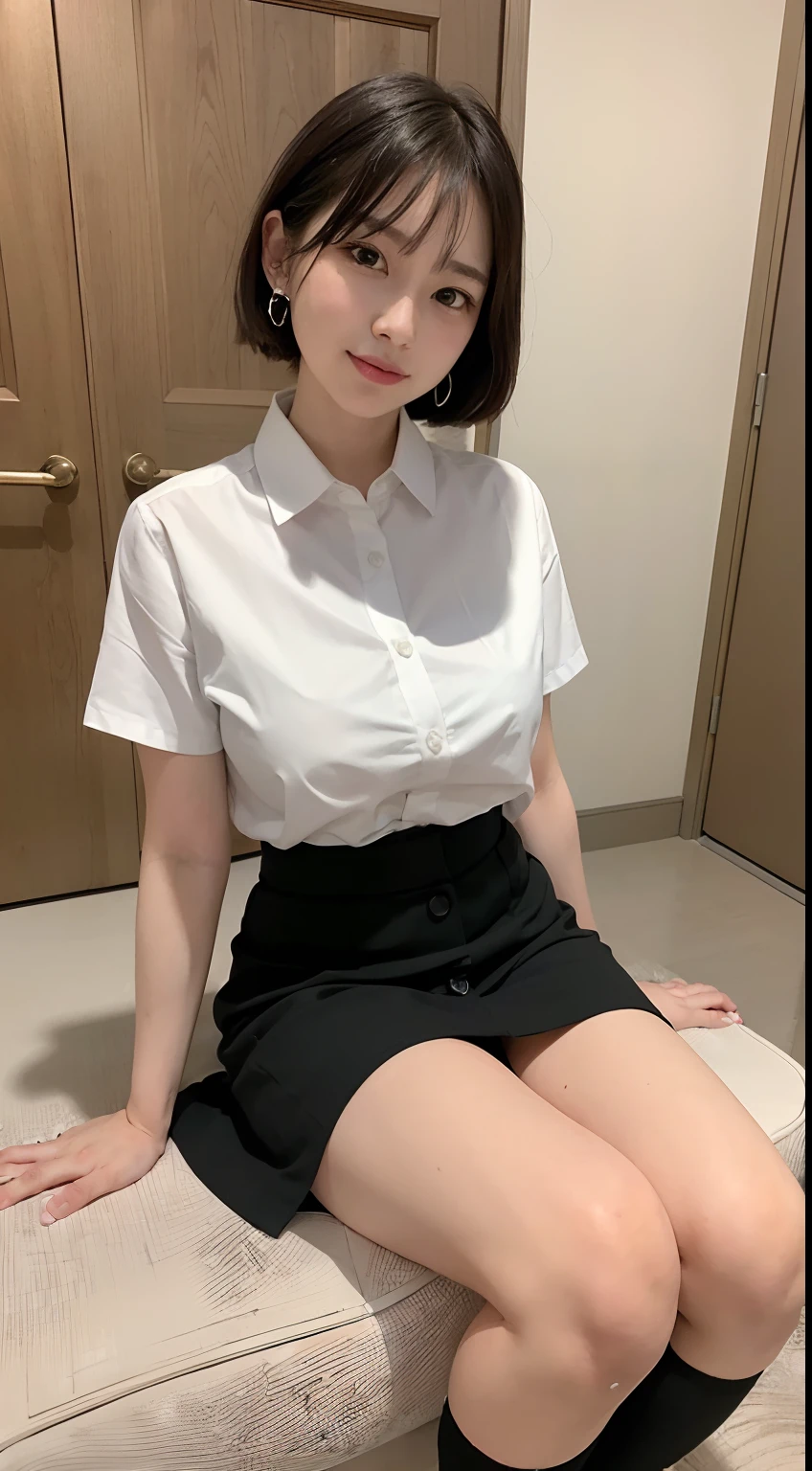 (8K, top-quality, masterpiece:1.2), (realisitic, Photorealsitic:1.37), ultra-detailliert, 1 girl in, 18year old、full body Esbian, outside of house, (Adjusted hair:1.5) Officelady, Black Office Blazer, Office Mini Skirt, (panthyhose: 1.2)、(Short button-down shirt:1.2)、Button Up Color Prim、Button Down Color Prim、bura、(panthyhose:1.2)、Alpha Layer、high-heels、earring beautiful、cute little、独奏、Beautiful detailed sky、(A smile:1.15)、(Mouth closed)、middlebreasts、Eyes in Beautiful Details、Business attire、(short-hair:1.2)、Floating Hair NovaFrogStyle、