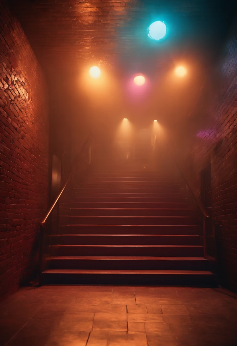 (best quality,4k,8k,highres,masterpiece:1.2),ultra-detailed,(realistic,photorealistic,photo-realistic:1.37), Downstairs entrance, night club, brick walls background, night illumination soft vibrant light, dimly lit hallway, modern interior design, crowded energetic atmosphere, upbeat music playing, colorful disco lights, velvet ropes at the entrance, foggy ambiance, glittering , lively and dynamic scene, electrifying energy.