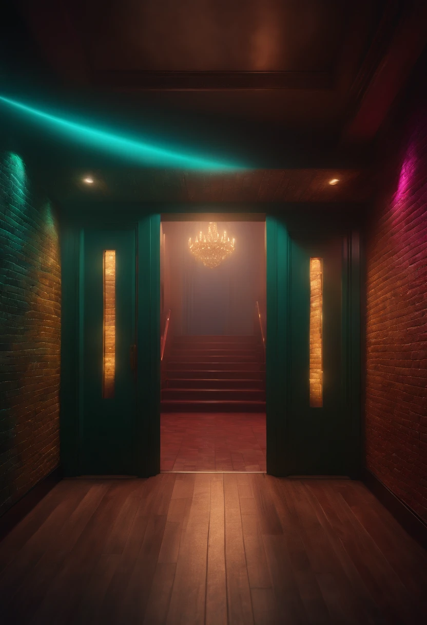 (best quality,4k,8k,highres,masterpiece:1.2),ultra-detailed,(realistic,photorealistic,photo-realistic:1.37), Downstairs entrance, night club, brick walls background, night illumination soft vibrant light, dimly lit hallway, modern interior design, crowded energetic atmosphere, upbeat music playing, colorful disco lights, velvet ropes at the entrance, foggy ambiance, glittering , lively and dynamic scene, electrifying energy.