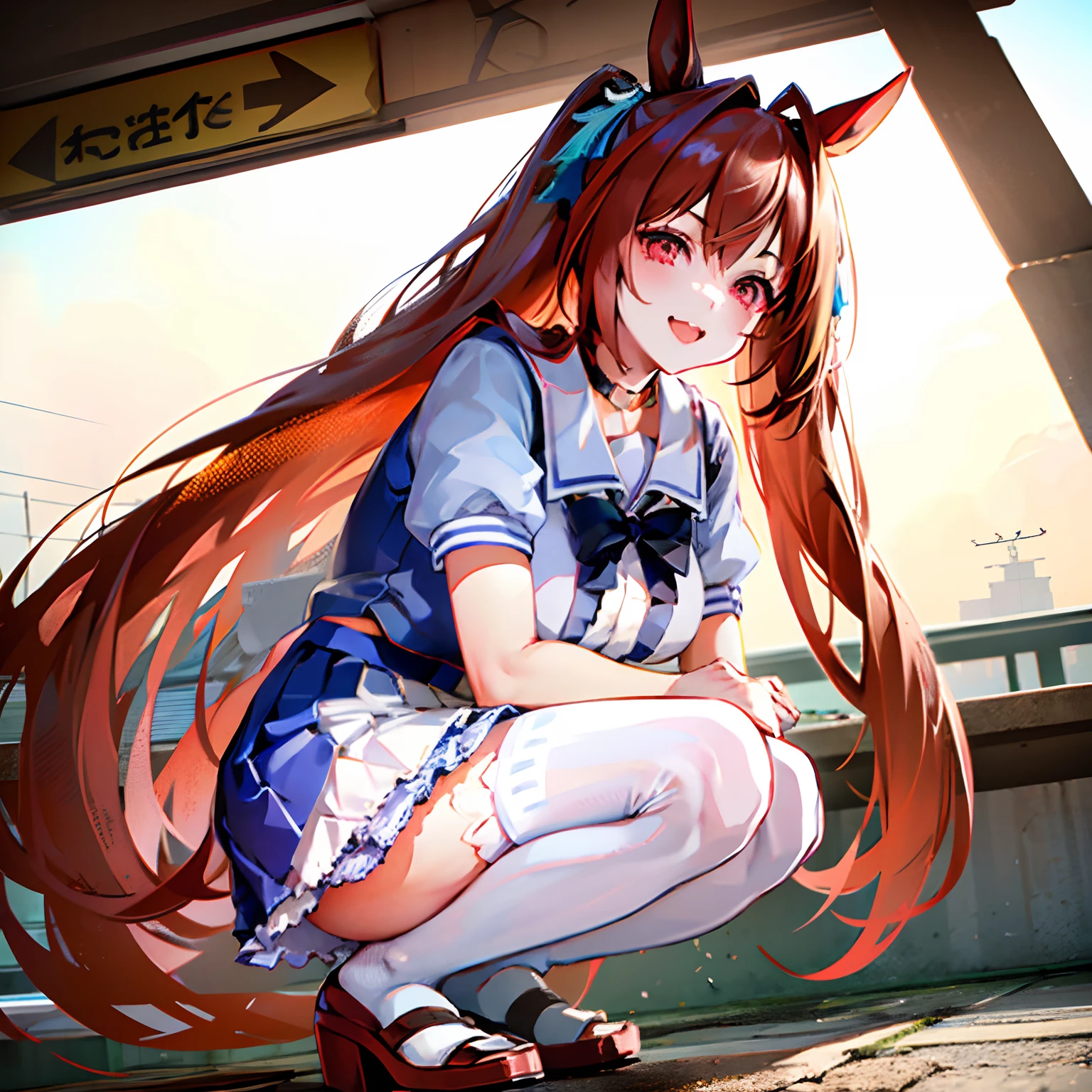 Daiwa Scarlet、Red-brown hair、Twin-tailed、Long long hair、Long twintails、Red eyeball、red eyes、Very long horse ears、、、、、took a full body photo of a Japanese girl wearing a school uniform, the girl sat squatting with her legs spread apart as if deliberately showing her panties, she was squatting on the sidewalk giving a sexy pose with a lewd face, she must have thic and sexy areolas,, her chest must be big. Please make her look like a typical Japanese school girl in a white blouse, huge smile、Smile like a little devil, Black shoes, knee socks and a very short pleated skirt. captures the natural lighting of the scene with a bright, sunny ambiance. Make sure your photos look authentic、Capture the energy and charm of Japan schoolchildren in a busy urban environment