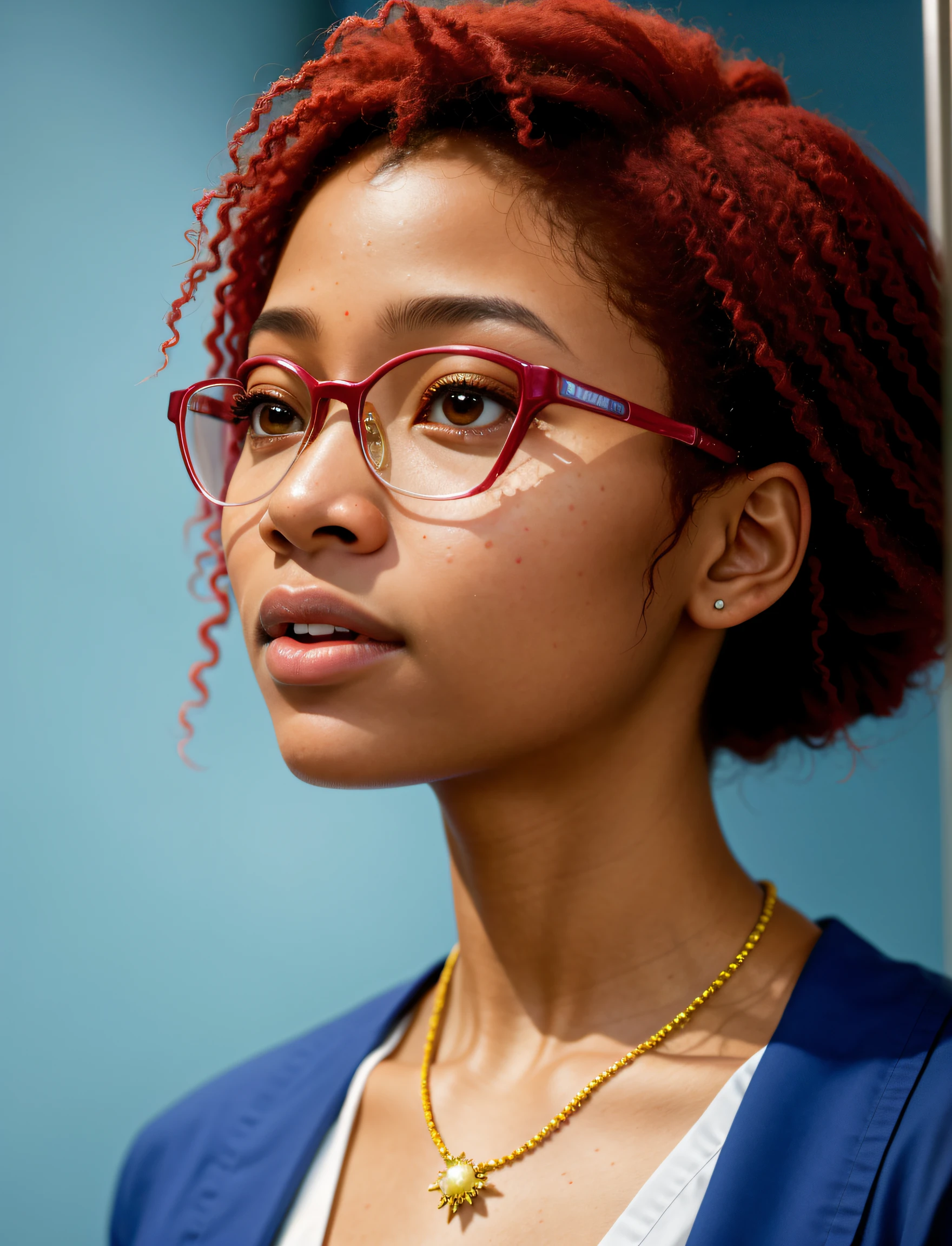 close-up shot, (masterpiece:1.2) (photorealistic:1.2) (bokeh) (best quality) (detailed skin:1.3) (intricate details) (8k) (cinematic lighting) (sharp focus) , wearing glasses, beautiful,maternity ward background, attending to a patient, a close up of a nurse with red hair, a digital rendering, inspired by Taiyō Matsumoto, afrofuturism, style game square enix, willow smith young, ap photo, natgeo