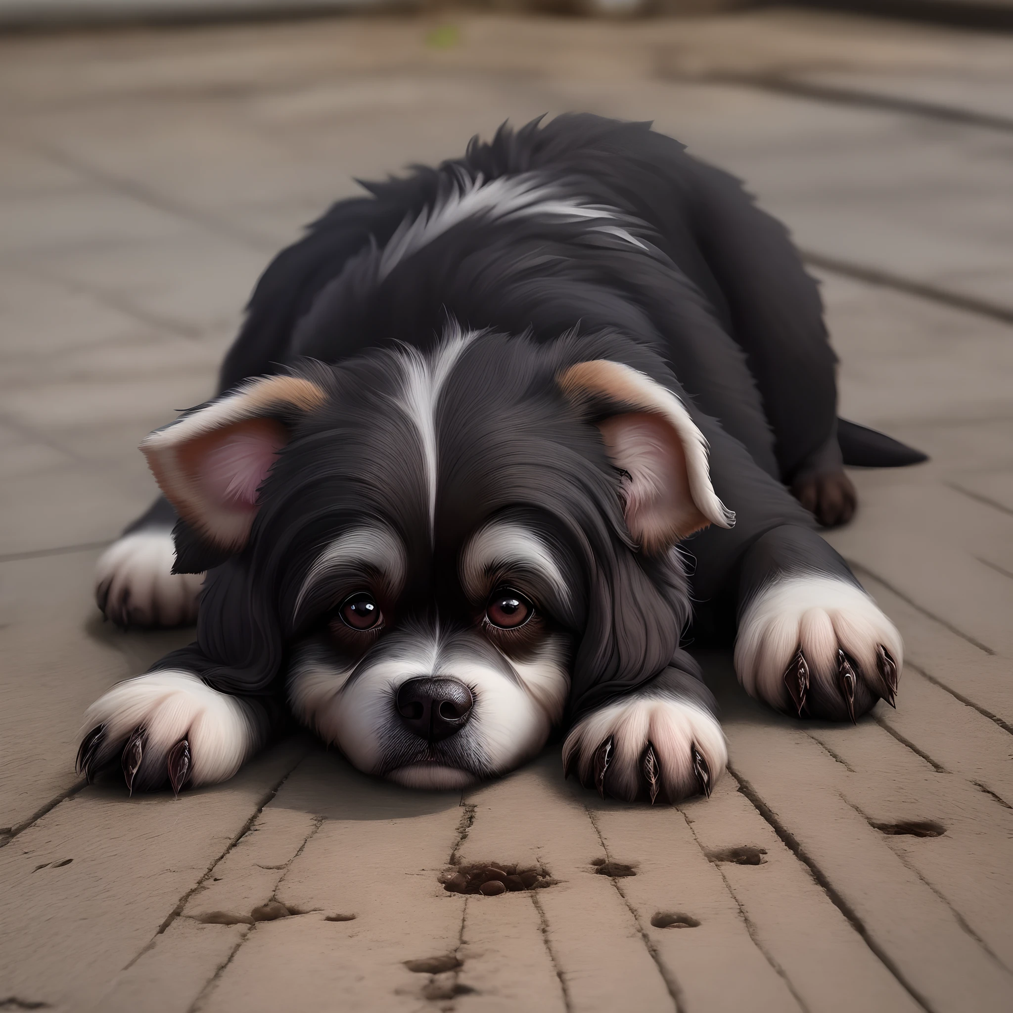 Cachorra shitzu de pelos cor branca e preta, rostinho com um olho preto e o outro branco