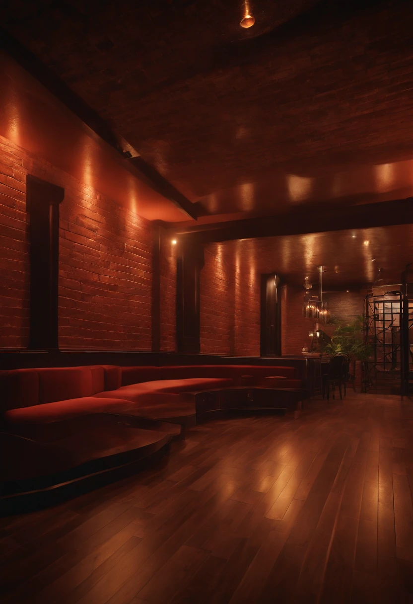 (best quality,4k,8k,highres,masterpiece:1.2),ultra-detailed,(realistic,photorealistic,photo-realistic:1.37), Downstairs night club, brick walls background, night illumination soft vibrant light, dimly lit hallway, modern interior design, velvet ropes at the entrance, foggy ambiance, glittering , lively and dynamic scene, electrifying energy.