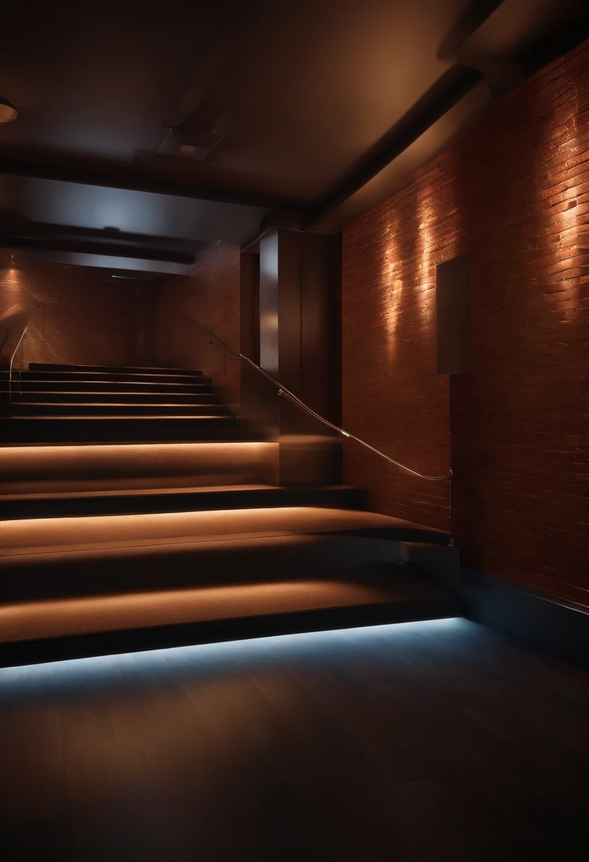 (best quality,4k,8k,highres,masterpiece:1.2),ultra-detailed,(realistic,photorealistic,photo-realistic:1.37), Downstairs night club, brick walls background, night illumination soft vibrant light, dimly lit hallway, modern interior design, velvet ropes at the entrance, foggy ambiance, glittering , lively and dynamic scene, electrifying energy.