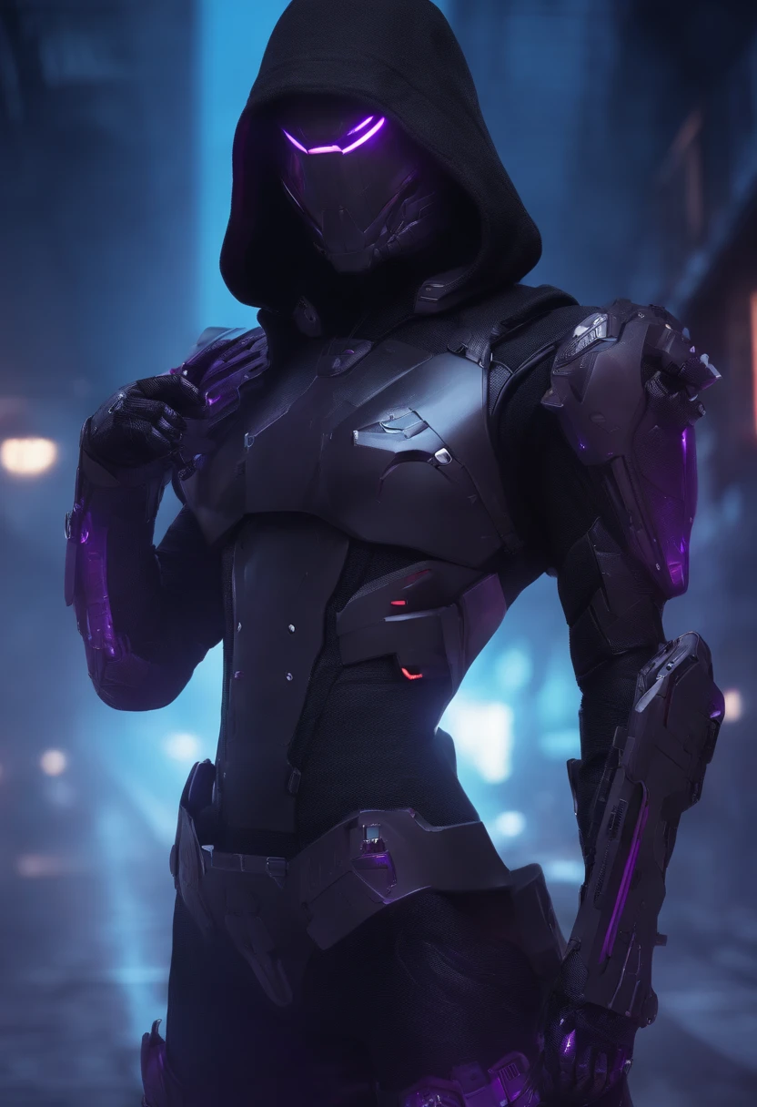 cyberpunked、male people、Half body machine、cyborgs、Full Metal Mask、Near Future Ninja Awesome assassin purple tone Knife in left hand Lonely heights Killing Machine masutepiece Super beautiful、3-point live method、Best Quality、hight resolution、foco nítido