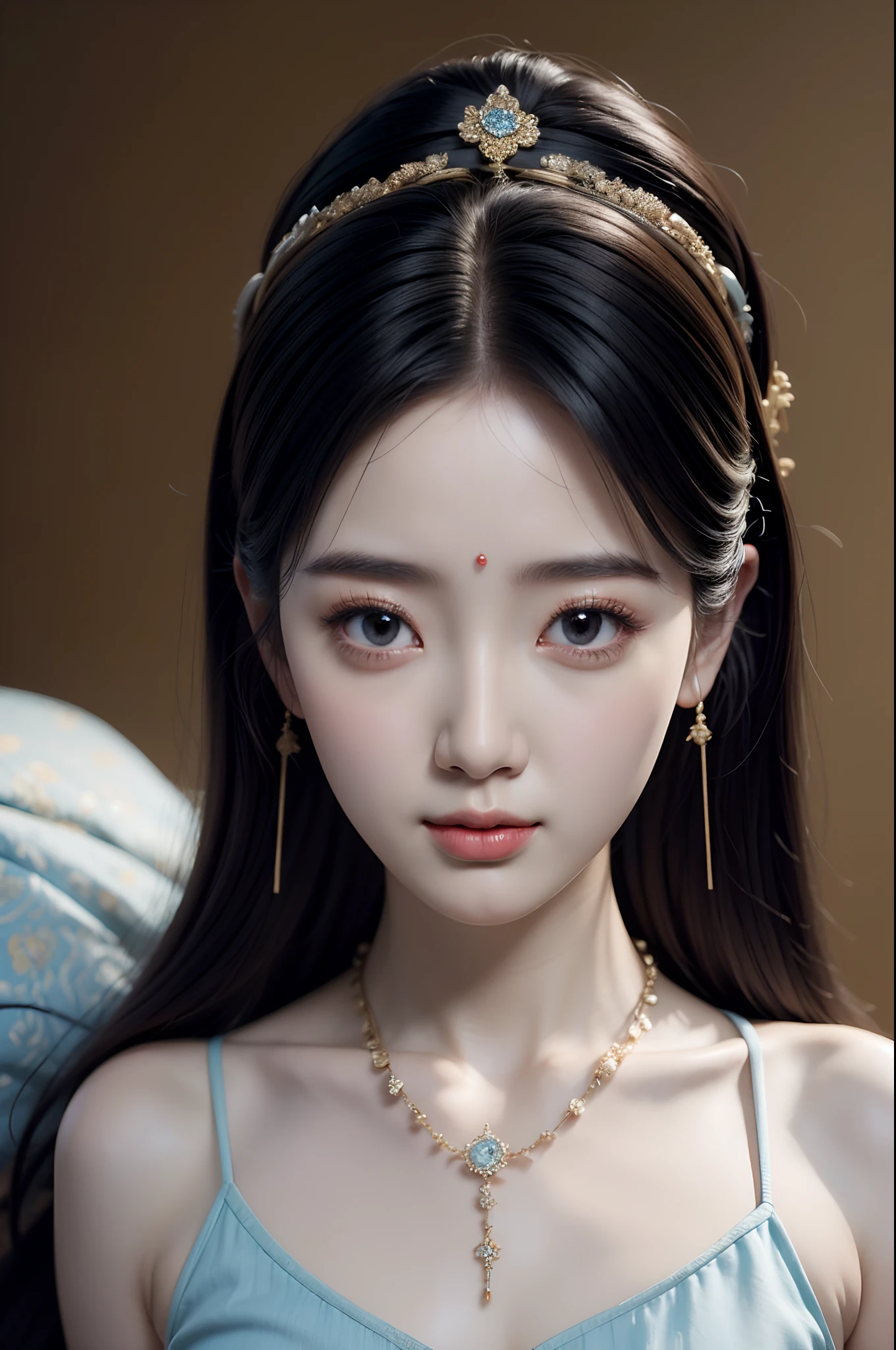 Close-up of a woman wearing a light blue slip dress necklace, Chinese style, Chinese girl, Beautiful character painting, Guviz-style artwork, Palace , A girl in Hanfu, Beautiful rendering of the Tang Dynasty, Realistic anime 3 D style, trending on cgstation, 8K high quality detailed art, Princesa chinesa antiga, Chinese woman, Guviz