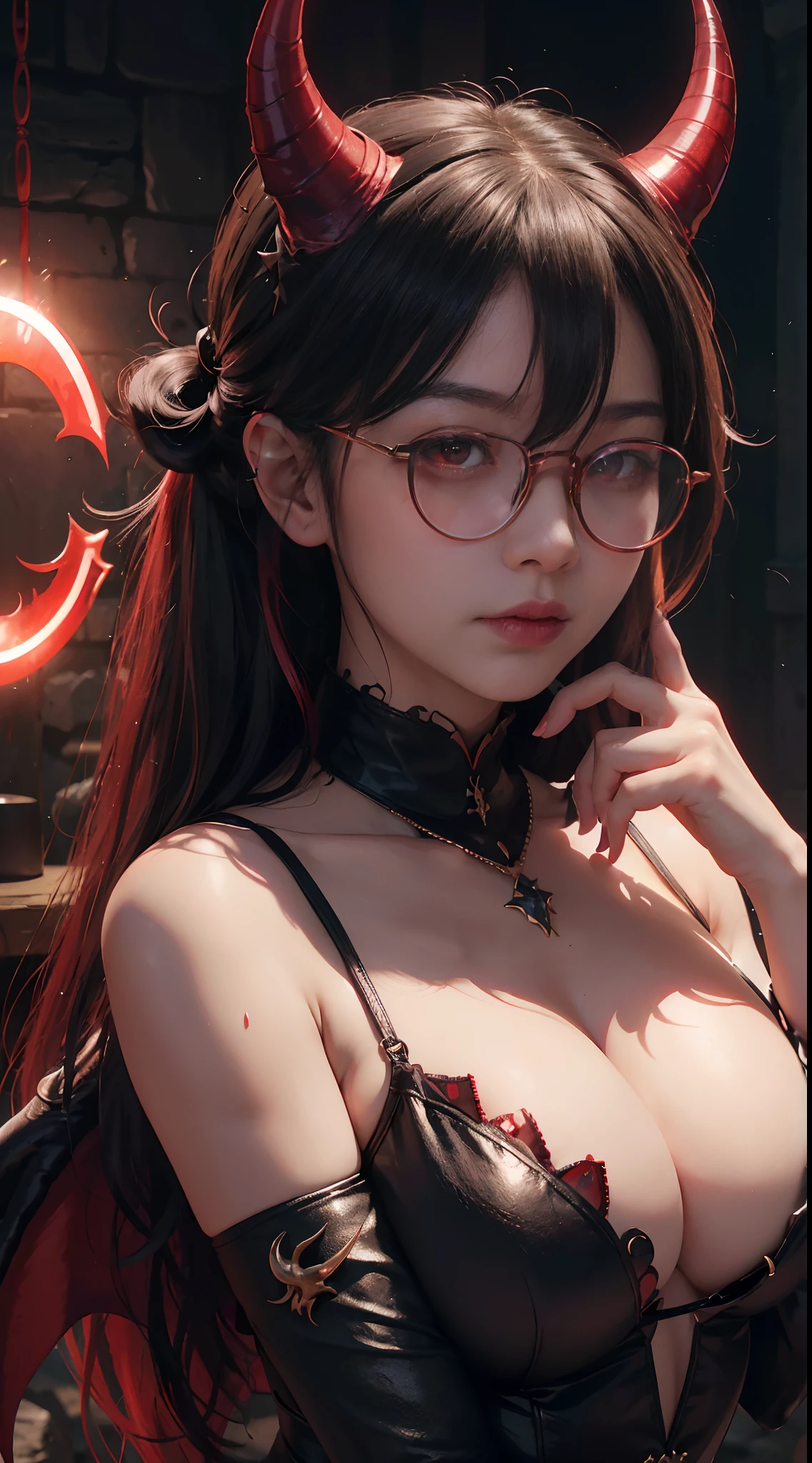 Fine、(The best illustrations)、8k UHD resolution、intricate-detail、top-quality、realisitic、ultra-detailliert、The best lighting、Best Shadows、Soft lighting、Ulutra HD、Dungeon、The dragon、caves、Dungeon、 Evil Nun、A Necromancer、natta、Dark style、Succubus、Devil's Daughter、Umi Shinonome、Bat Wings，(((Demon Horns)))、((((black-rimmed round glasses))))、(((Colossal tits)))、(Devil's Tail)、(red eyes glowing:1.6)、​masterpiece、beautiful countenance、Tindall Effect、photos realistic、(High Detail Skins:1.2)、8KUHD、Digital SLR、hightquality、a picture、hight resolution、 absurderes、Ponytail distortion、best ratio four finger and one thumb、女の子1人、hair adornments、Red sparkling gemstone necklace、jewely、Beautiful expression、Body Up、Large breasts emphasis、Toned waist、Wide buttocks、Tindall Effect、Photorealsitic、(High Detail Skins:1.2)、