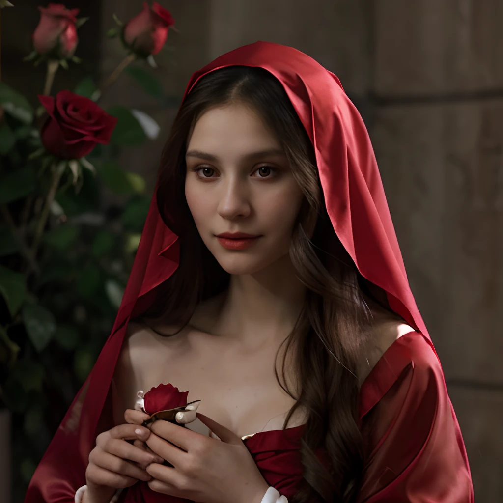 Saint Mary Magdalene wearing red veil and red gown, holding pearls, surrounded my roses