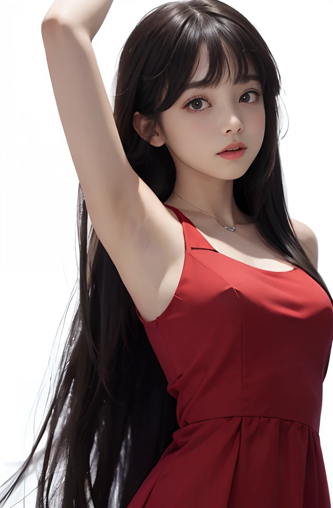 A girl,(Plain sleeveless red dress),(14 year old),bangs bangs,Upper body,White background,Armpit,(Black straight long hair),(raise both hands),