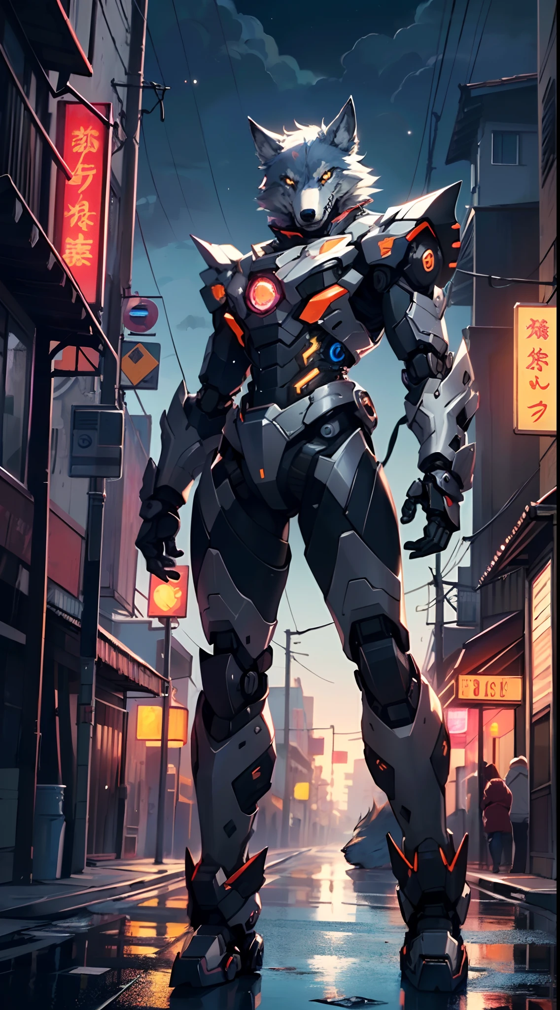 (((A mechanical wolf,cyborg wolf,cyborg-wolf,animal,wolf robot))),no human,detailed wolf,intricate mechanic wolf,robot animal,
epic, highly detailed full body of a gigantic feral mecha canine, sharp metal claws, cannon mounted on back, sleek armor, glowing visor, furry art, zoids art, furaffinity, sofurry,
(dynamic pose:1.0),solo focus,(centered,scale to fit dimensions,Rule of thirds),
cyberpunk city by the ocean at night, with bright neon signs and dark stormy clouds and puddles, scenery:1.25,
highres, sharp focus, (ultra detailed, extremely detailed), (photorealistic artwork:1.37),(extremely detailed CG unity 8k wallpaper),((synthwave background theme)),(((vibrant colors))),(intricate background),(masterpiece),(best quality),