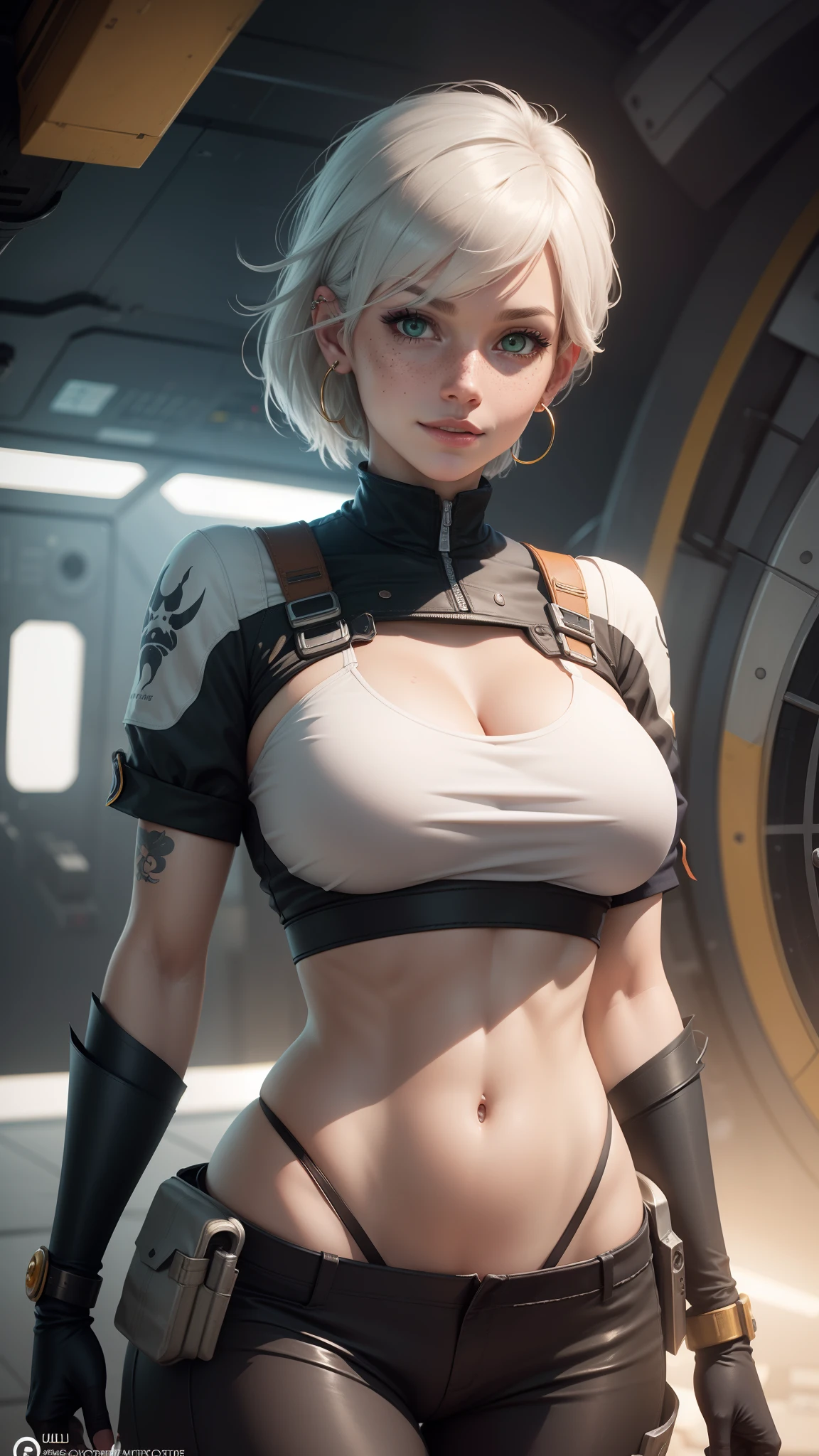 gwen tennyson,tracer,y'shtola rhul,yorha 2b,nier automata,overwatch,close up, mecha pilot,space port,tattoos,orange and silver plugsuit,white short sleeve lycra top,steel cargo pants,uncovered belly,short hair,cute makeup,green eyes,dimensional golden hair,shy smile,freckles,beautiful girl,large breasts,8k,ultra detailed,realistic,fantasy art,saiyan armor,cyborg armor,steel armor,space ship,pilot uniform,ear piercings,hair pin,saiyan girl,saiyan female,short sleeve pilot jacket,