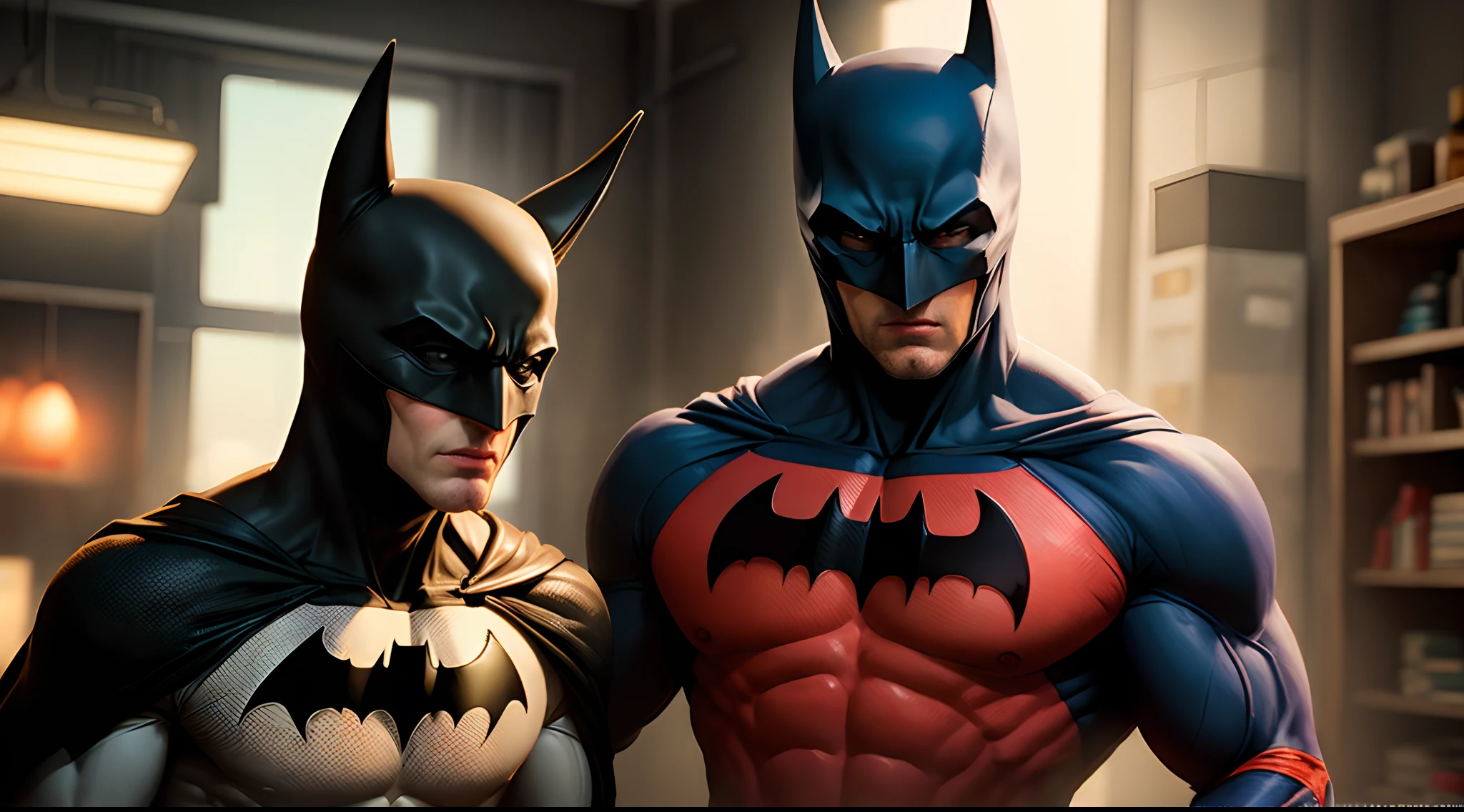 Generate a realistic image depicting naked men Batman 