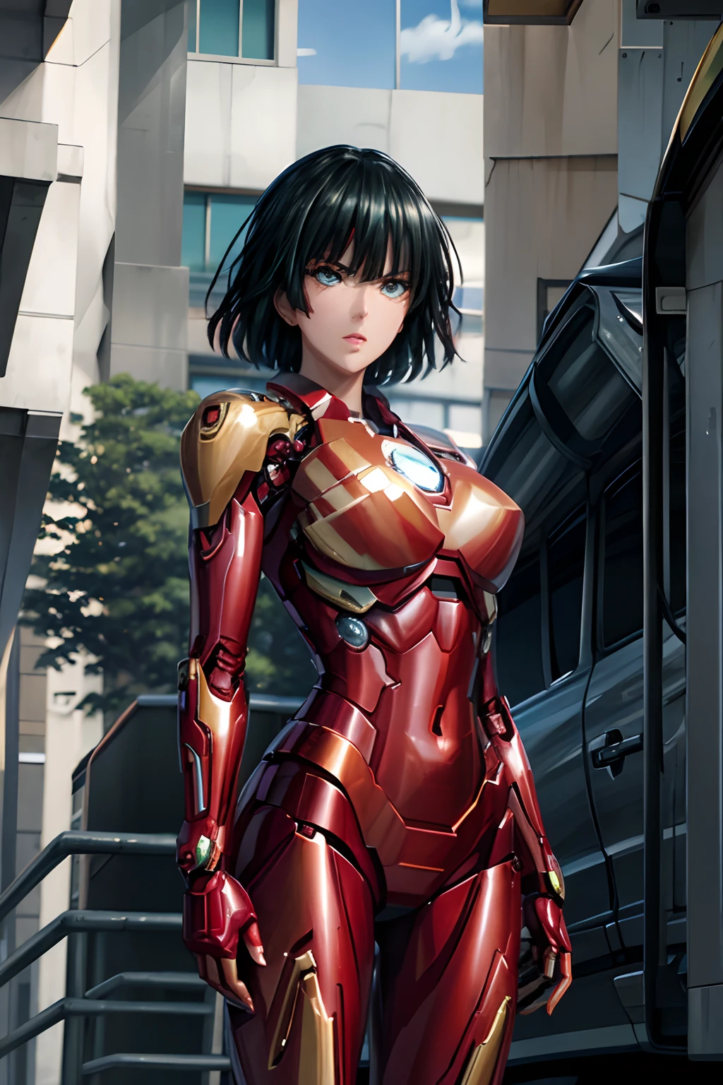 Fubuki, una mujer sexy y atractiva inspirada en Iron Man con un brillante robot de Iron Man. Se viste con sensualidad y confianza, interpretando perfectamente la fuerza y el carisma de Iron Man.